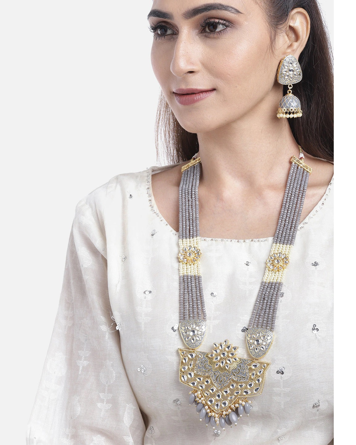 Priyaasi Women Grey Pearls Beads Kundan Gold-Polished Ranihaar Jewellery Set - Swadesiicart