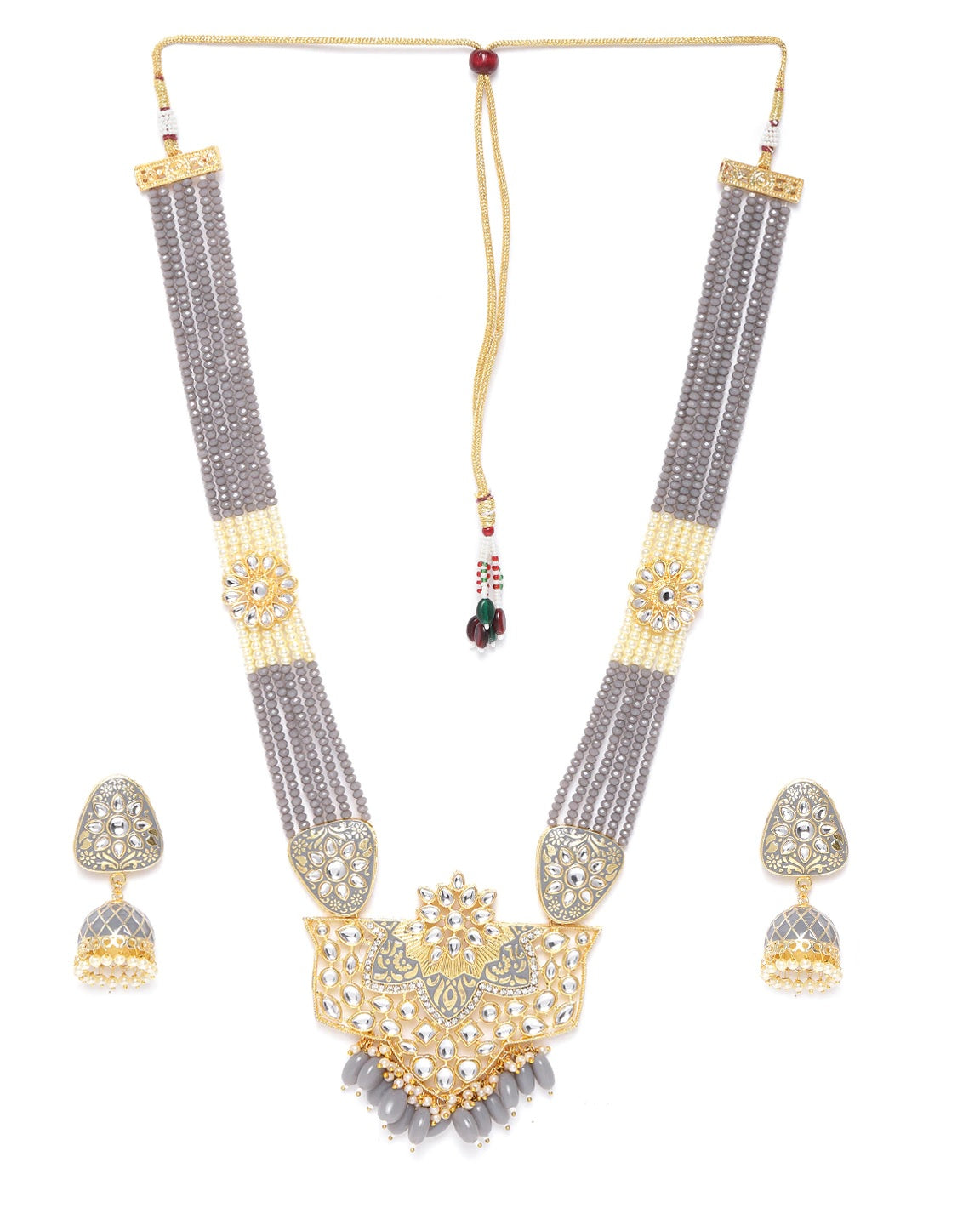 Priyaasi Women Grey Pearls Beads Kundan Gold-Polished Ranihaar Jewellery Set - Swadesiicart