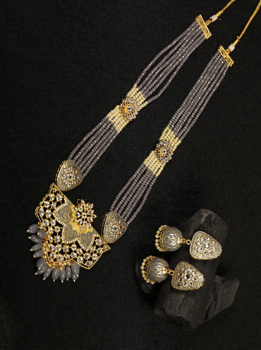 Priyaasi Women Grey Pearls Beads Kundan Gold-Polished Ranihaar Jewellery Set - Noz2Toz