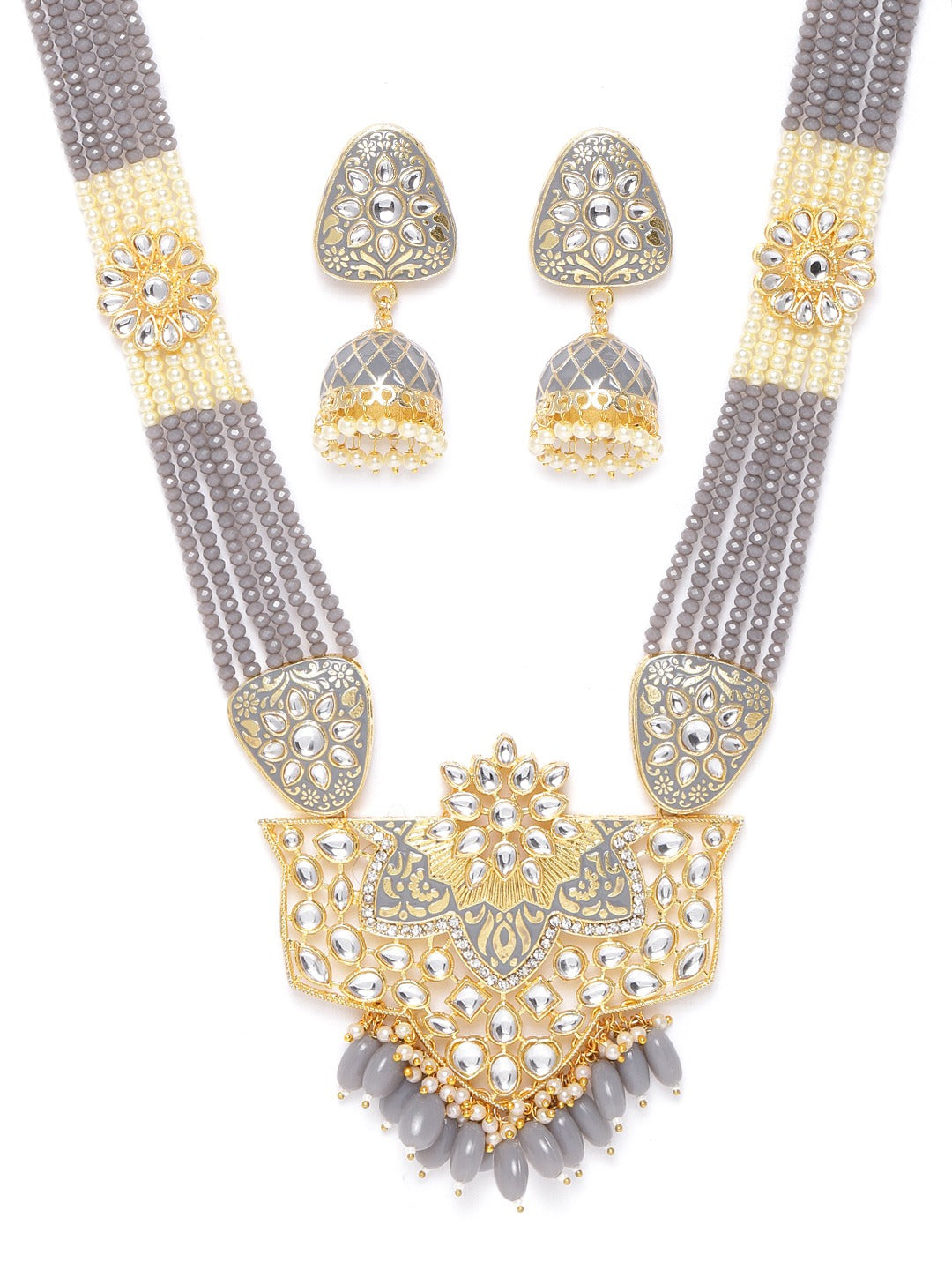 Priyaasi Women Grey Pearls Beads Kundan Gold-Polished Ranihaar Jewellery Set - Swadesiicart