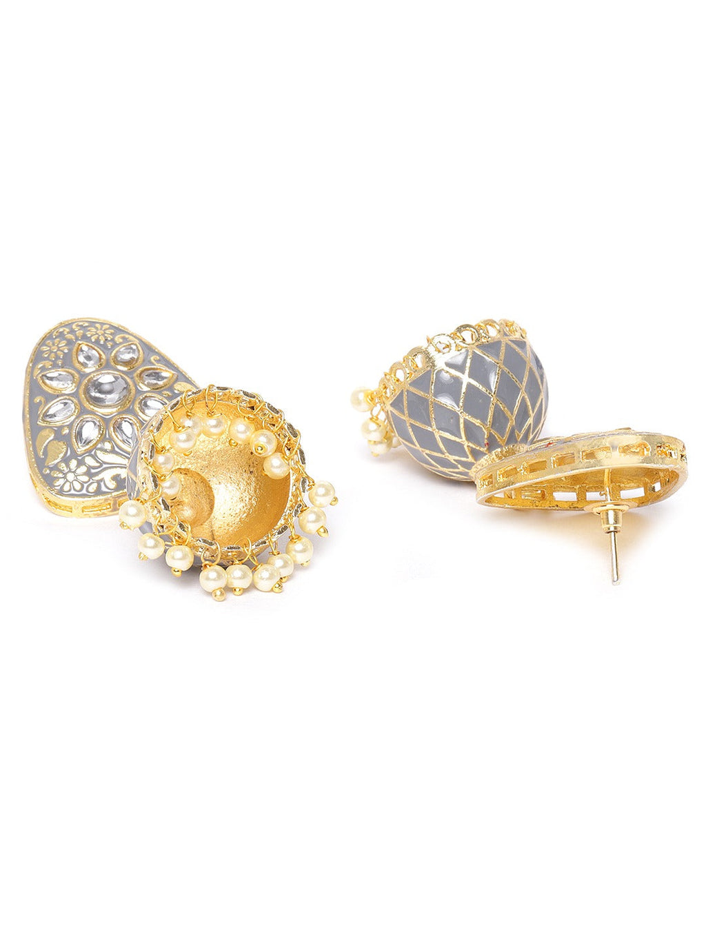 Priyaasi Women Grey Pearls Beads Kundan Gold-Polished Ranihaar Jewellery Set - Swadesiicart