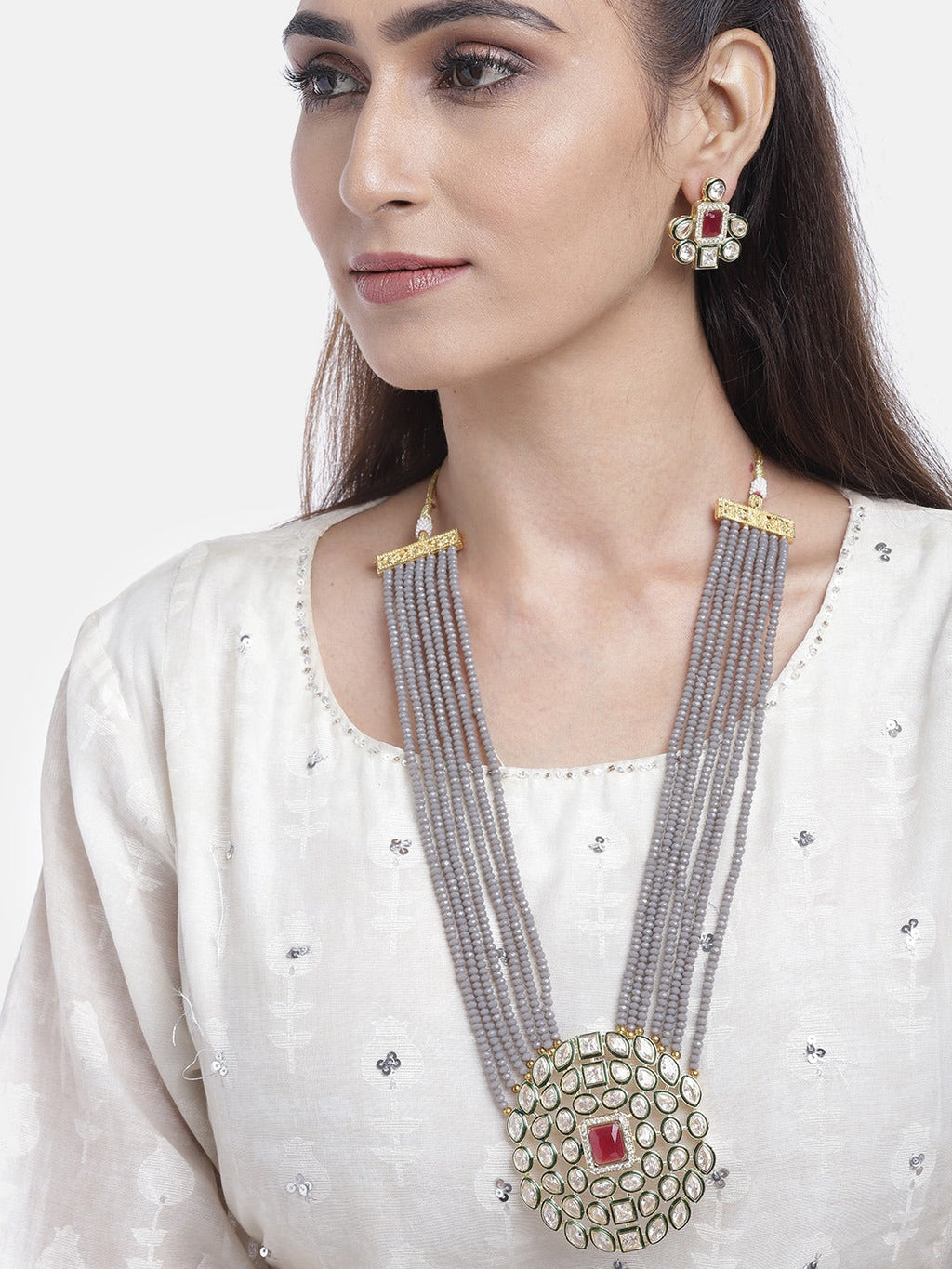 Priyaasi Women Grey Beads Kundan Gold-Polished Ranihaar Jewellery Set - Swadesiicart