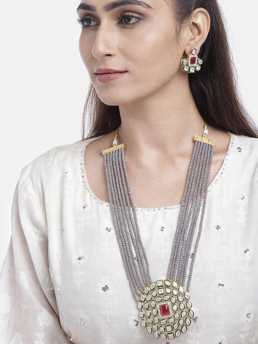 Priyaasi Women Grey Beads Kundan Gold-Polished Ranihaar Jewellery Set - Swadesiicart