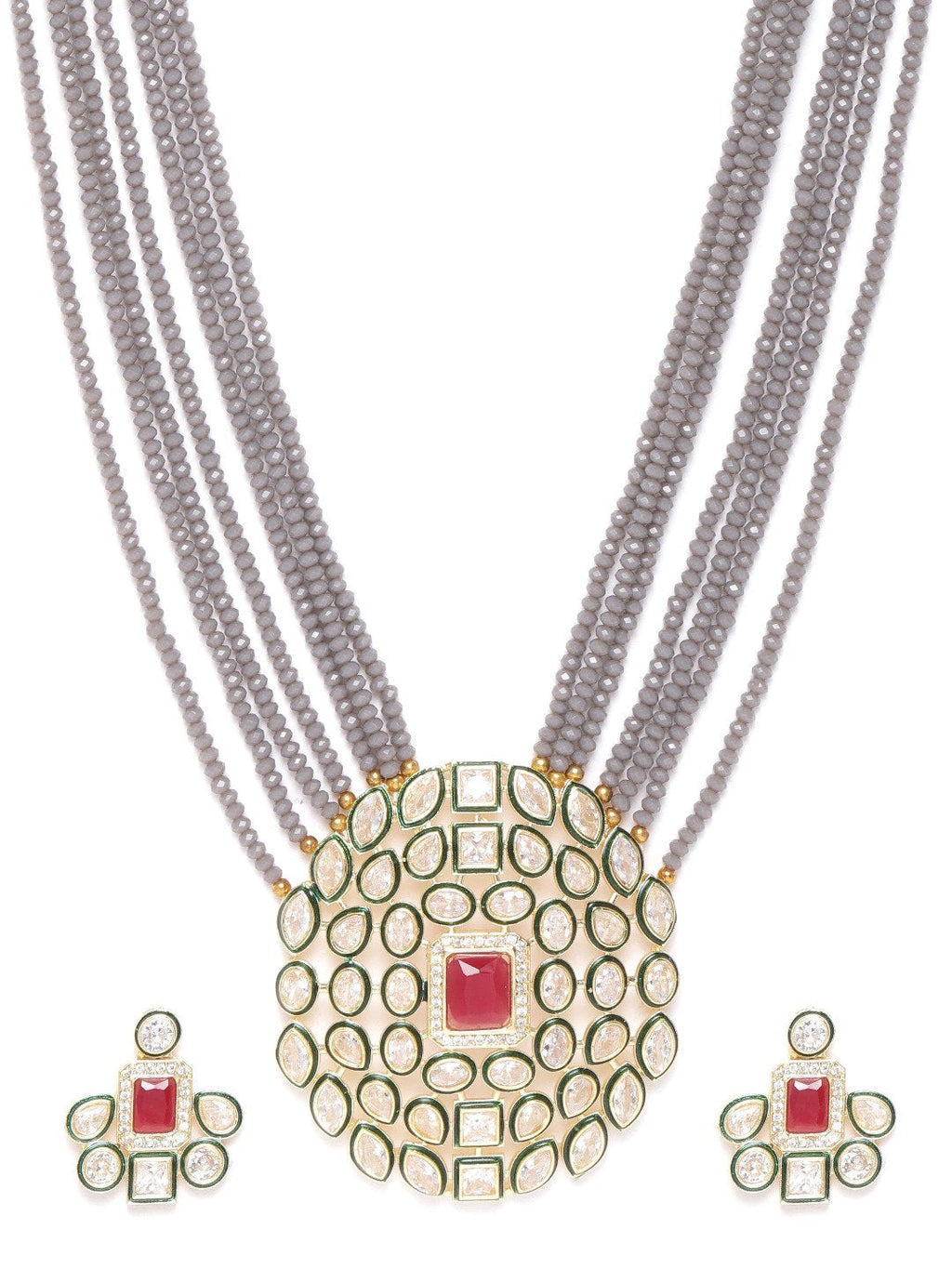Priyaasi Women Grey Beads Kundan Gold-Polished Ranihaar Jewellery Set - Swadesiicart