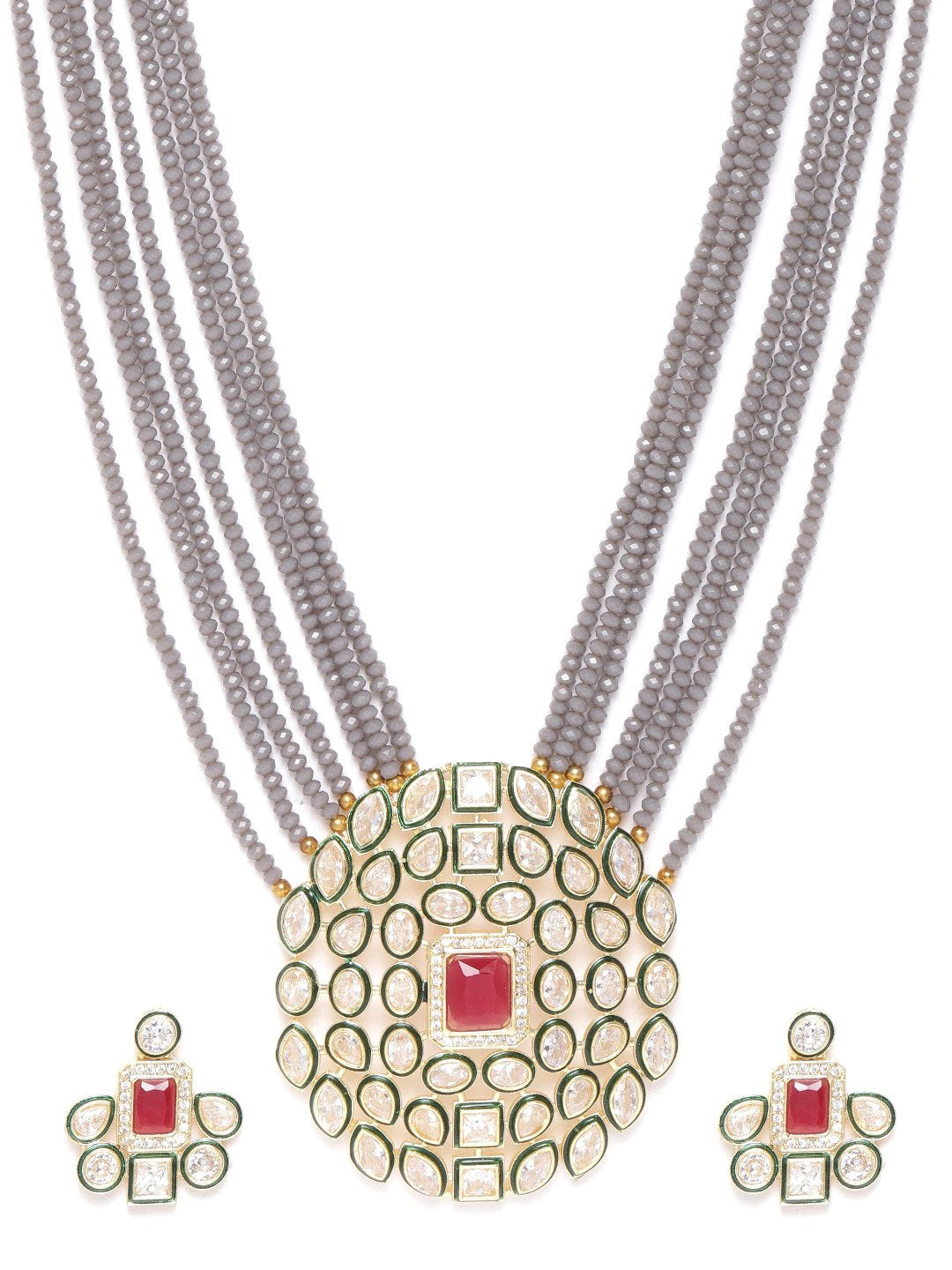 Priyaasi Women Grey Beads Kundan Gold-Polished Ranihaar Jewellery Set - Swadesiicart