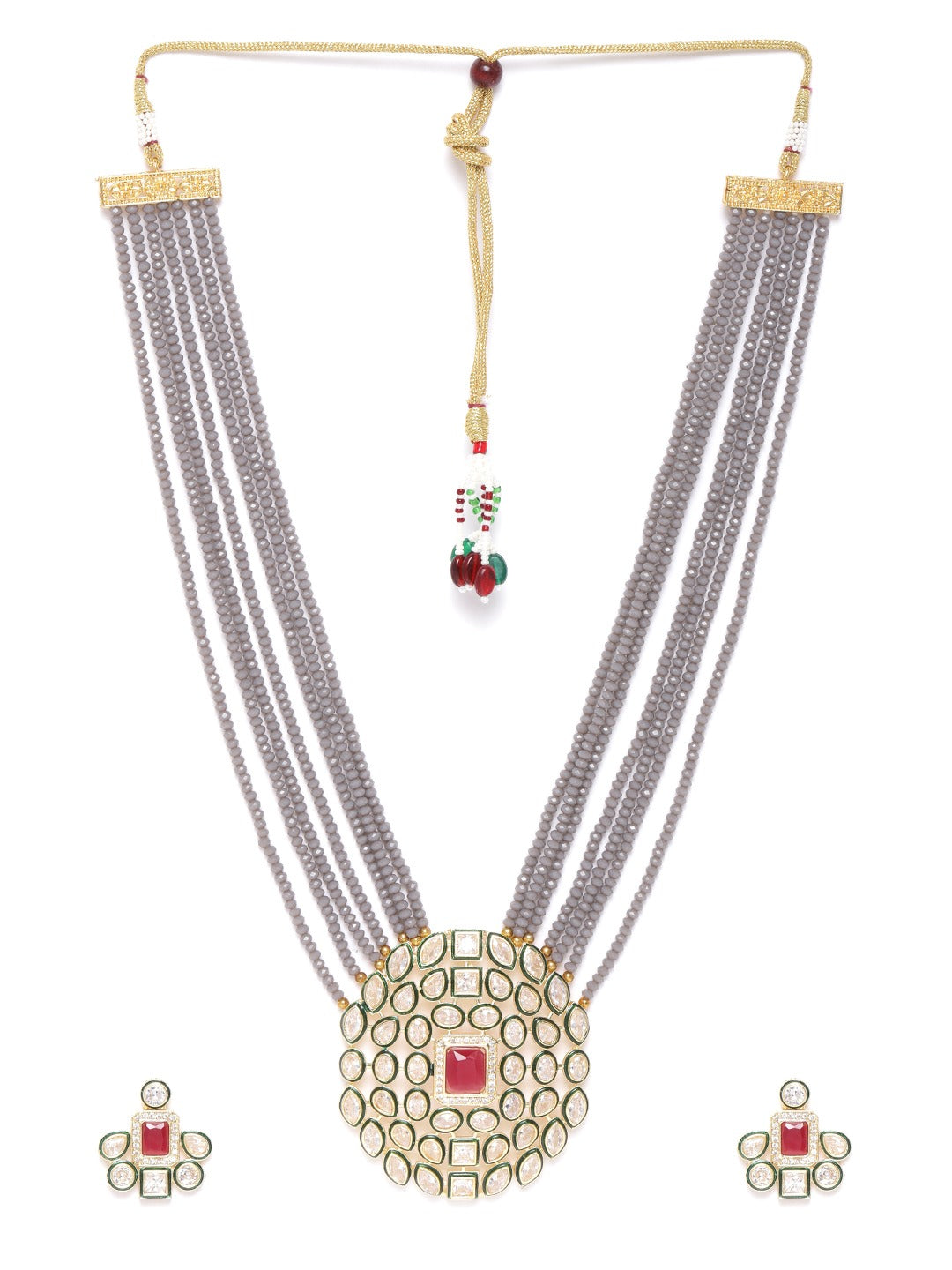 Priyaasi Women Grey Beads Kundan Gold-Polished Ranihaar Jewellery Set - Swadesiicart
