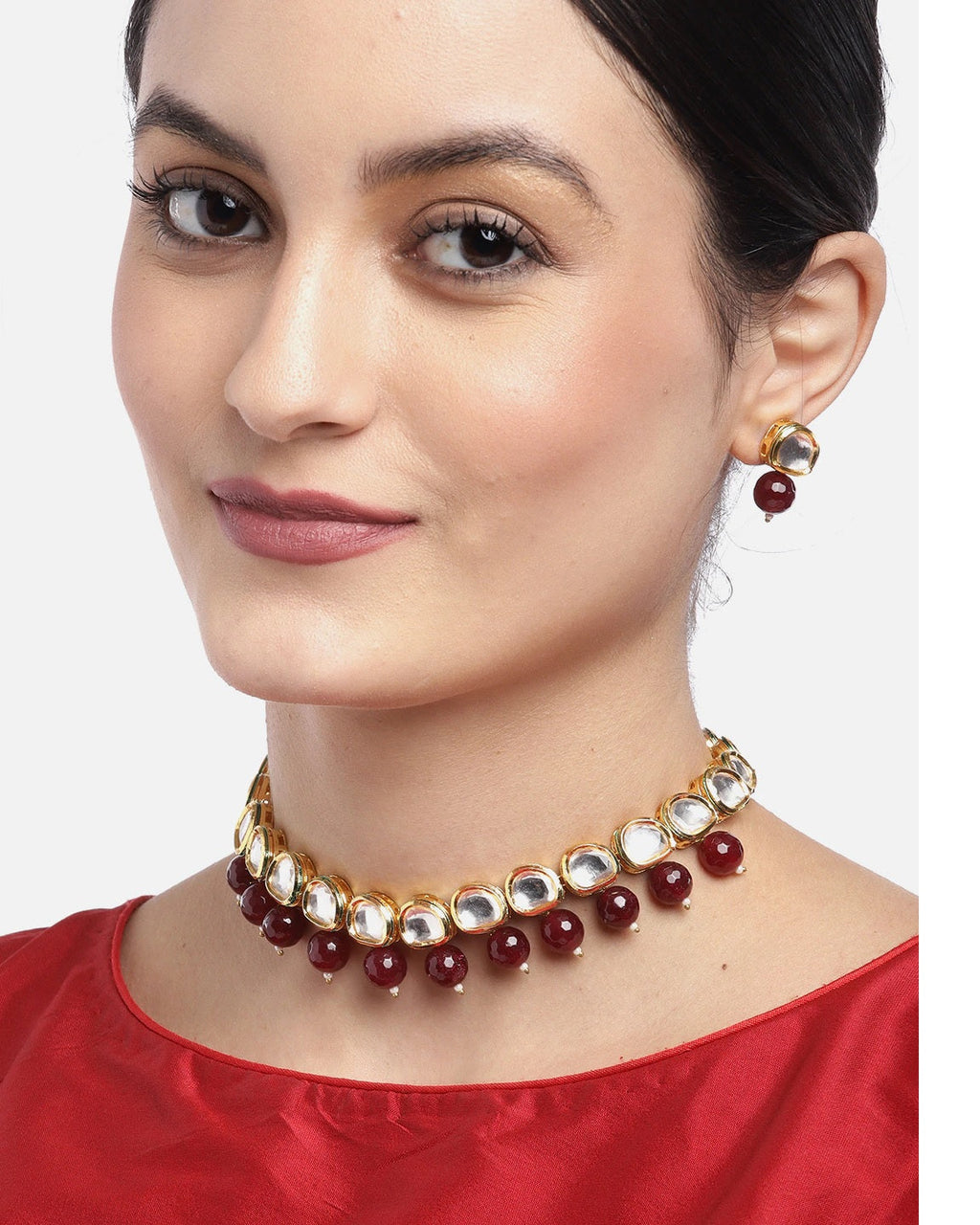 Priyaasi Women Maroon Pearls Kundan Gold-Polished Jewellery Set - Swadesiicart