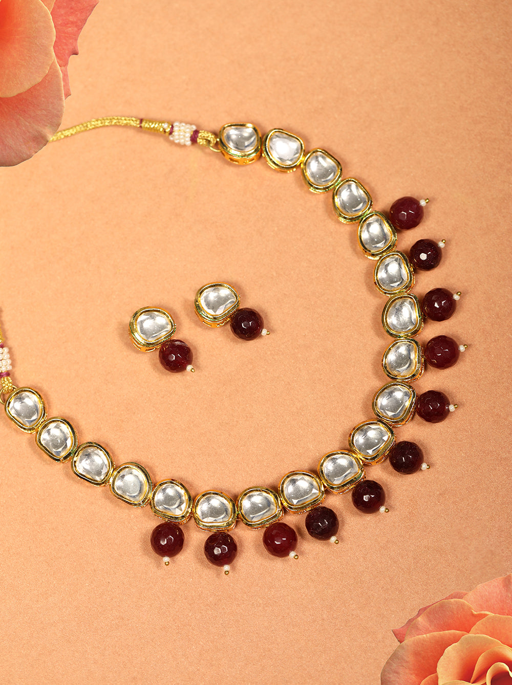 Priyaasi Women Maroon Pearls Kundan Gold-Polished Jewellery Set - Noz2Toz