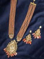 Priyaasi Women Peach Beads Kundan Stones Ranihar Jewellery Set - Noz2Toz