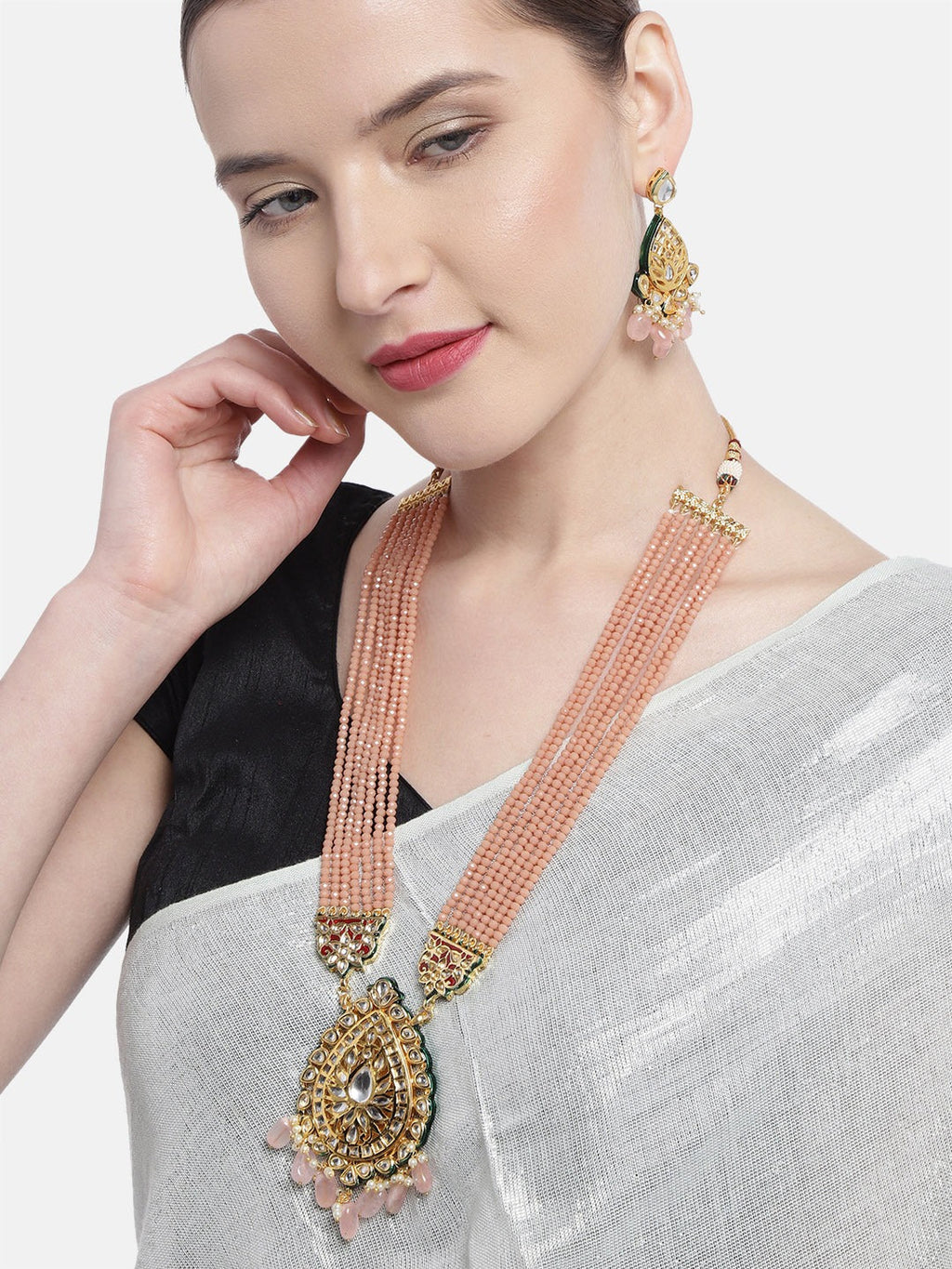 Priyaasi Women Peach Beads Kundan Stones Ranihar Jewellery Set - Swadesiicart