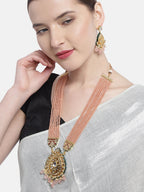 Priyaasi Women Peach Beads Kundan Stones Ranihar Jewellery Set - Swadesiicart