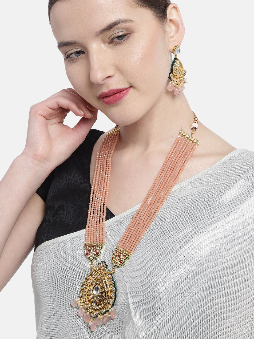 Priyaasi Women Peach Beads Kundan Stones Ranihar Jewellery Set - Swadesiicart