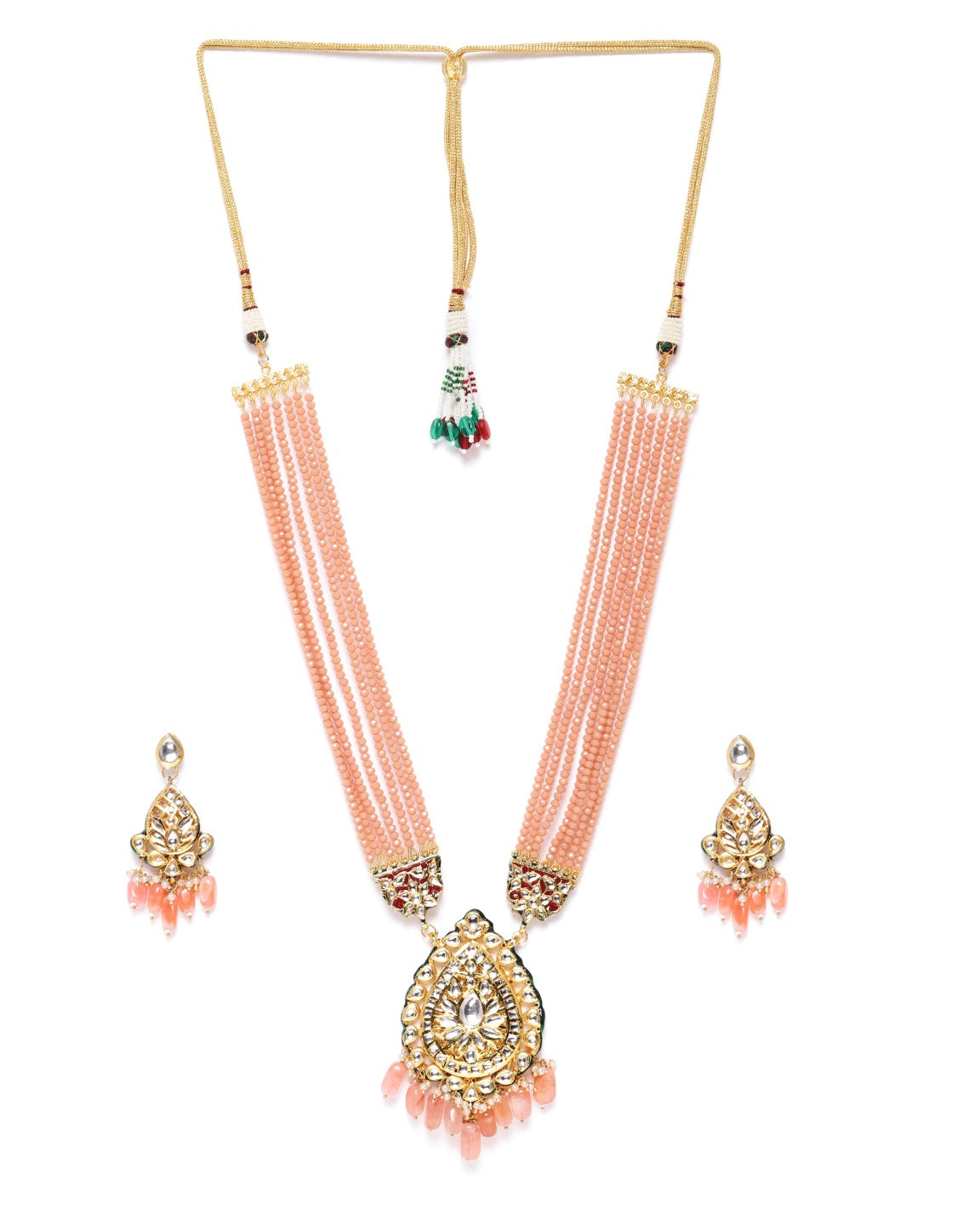 Priyaasi Women Peach Beads Kundan Stones Ranihar Jewellery Set - Swadesiicart