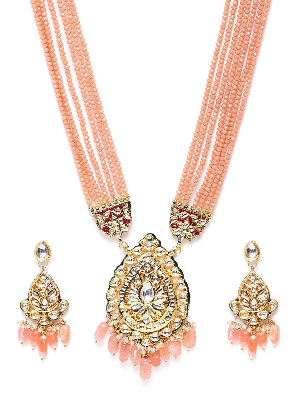 Priyaasi Women Peach Beads Kundan Stones Ranihar Jewellery Set - Swadesiicart