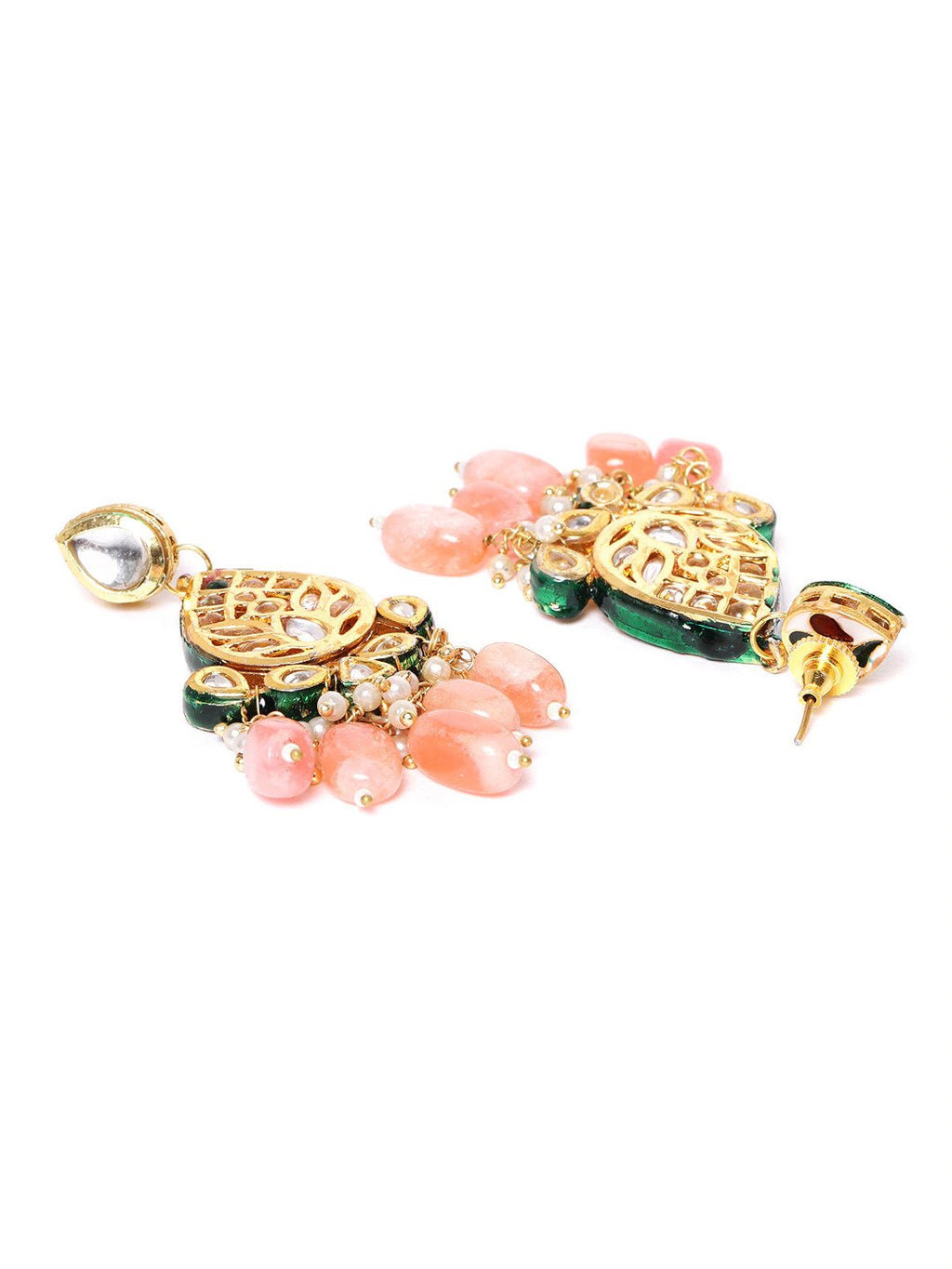 Priyaasi Women Peach Beads Kundan Stones Ranihar Jewellery Set - Swadesiicart