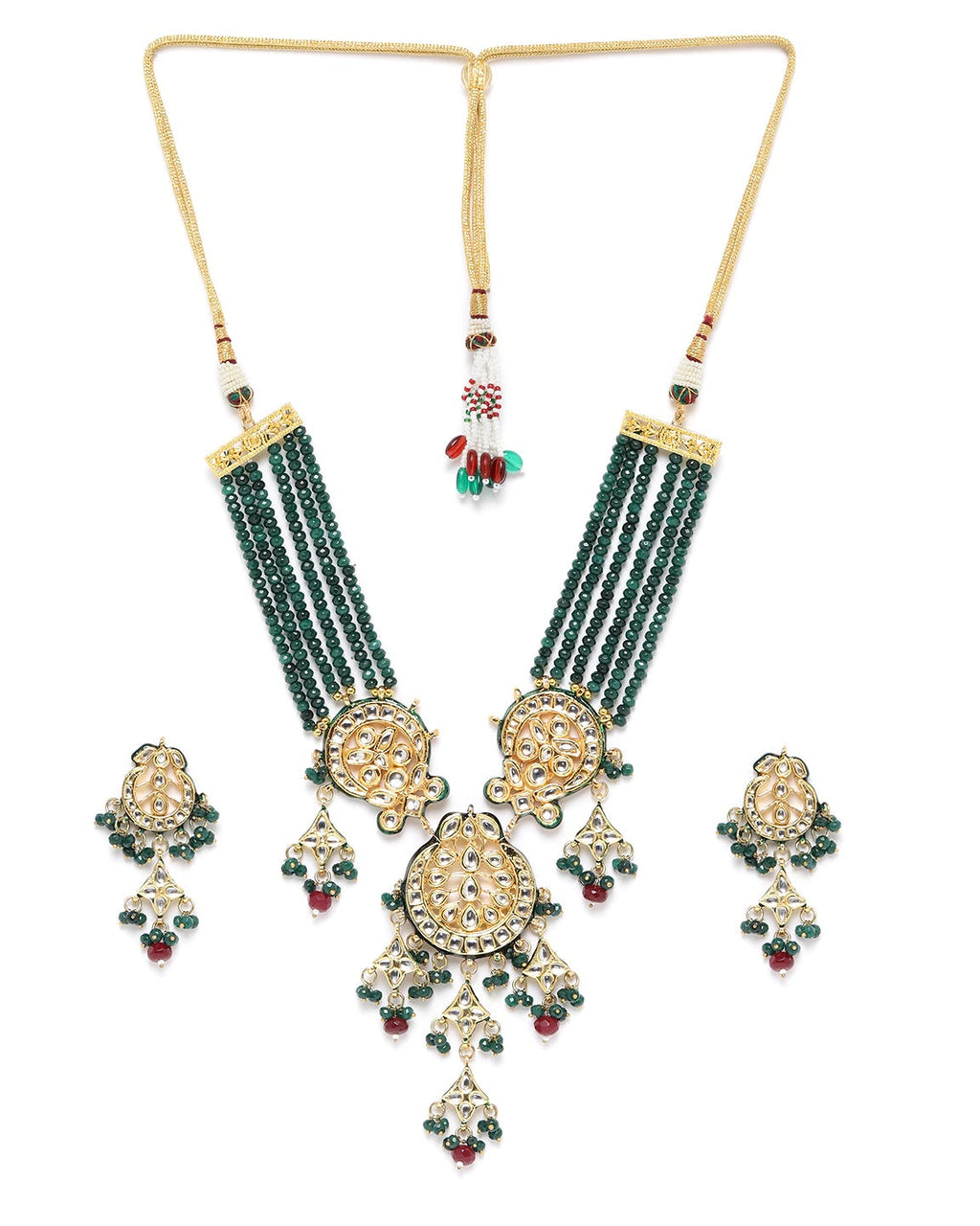 Priyaasi Women Green & Red Beads Kundan Gold-Polished Jewellery Set - Swadesiicart