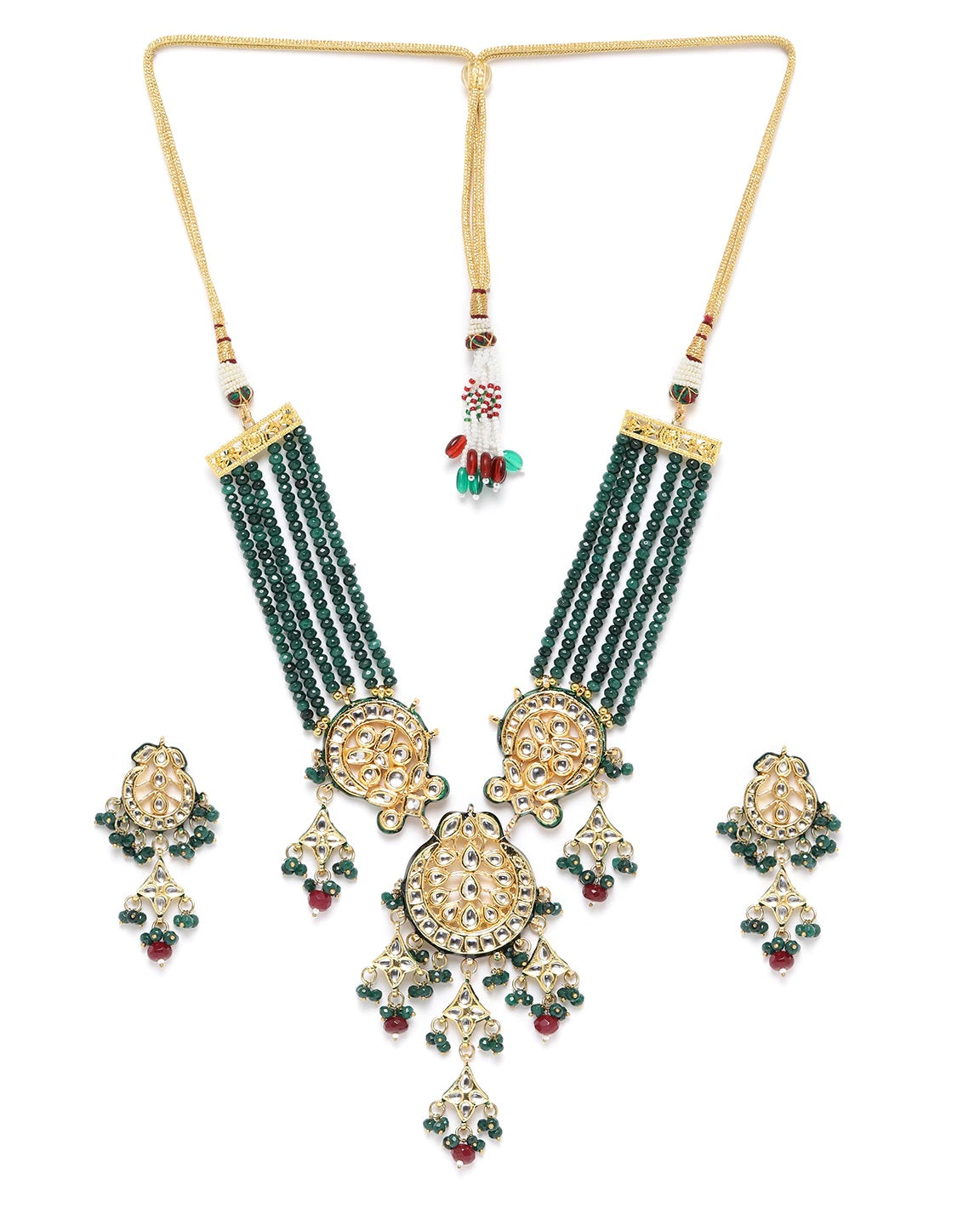 Priyaasi Women Green & Red Beads Kundan Gold-Polished Jewellery Set - Swadesiicart