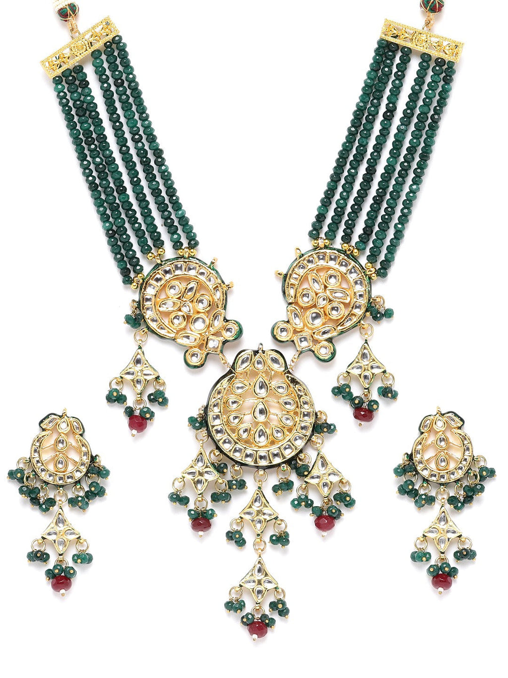 Priyaasi Women Green & Red Beads Kundan Gold-Polished Jewellery Set - Swadesiicart