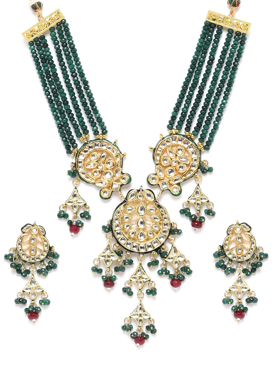 Priyaasi Women Green & Red Beads Kundan Gold-Polished Jewellery Set - Swadesiicart