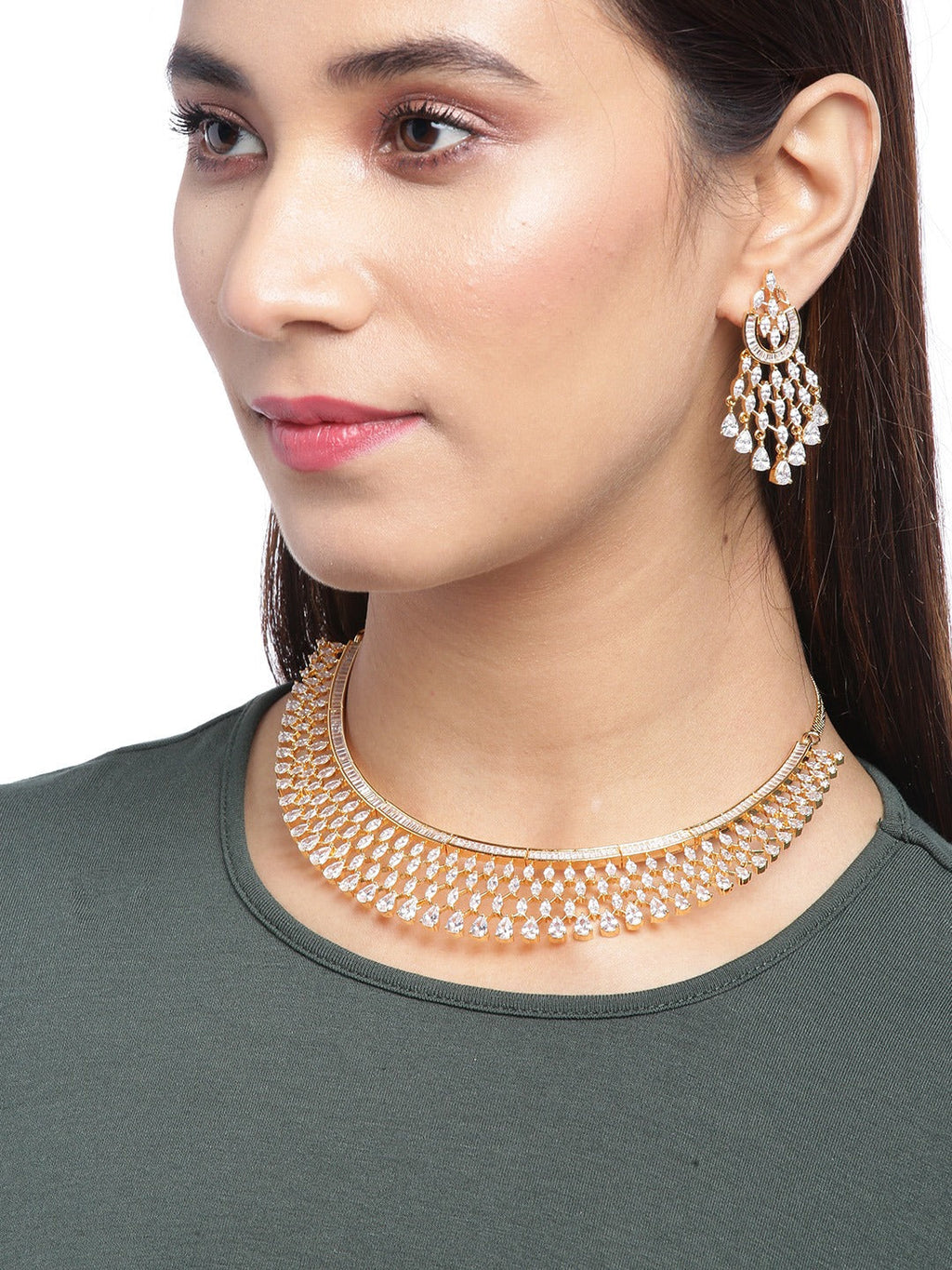 Priyaasi Women Gold-Polished American Diamond Jewellery Set - Swadesiicart