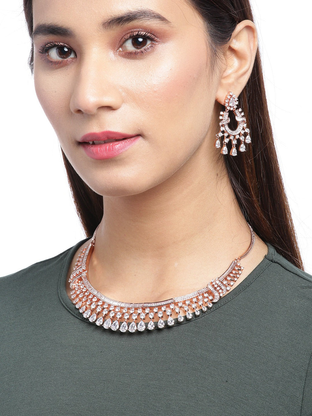 Priyaasi Women Rose Gold American Diamond Jewellery Set - Swadesiicart