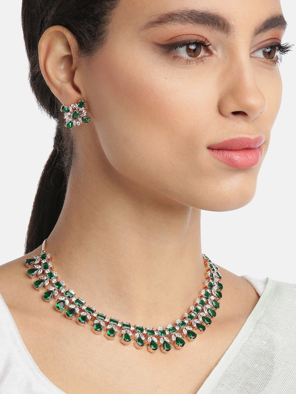 Priyaasi Women Emerald American Diamond Rose Gold-Polished Floral Jewellery Set - Swadesiicart