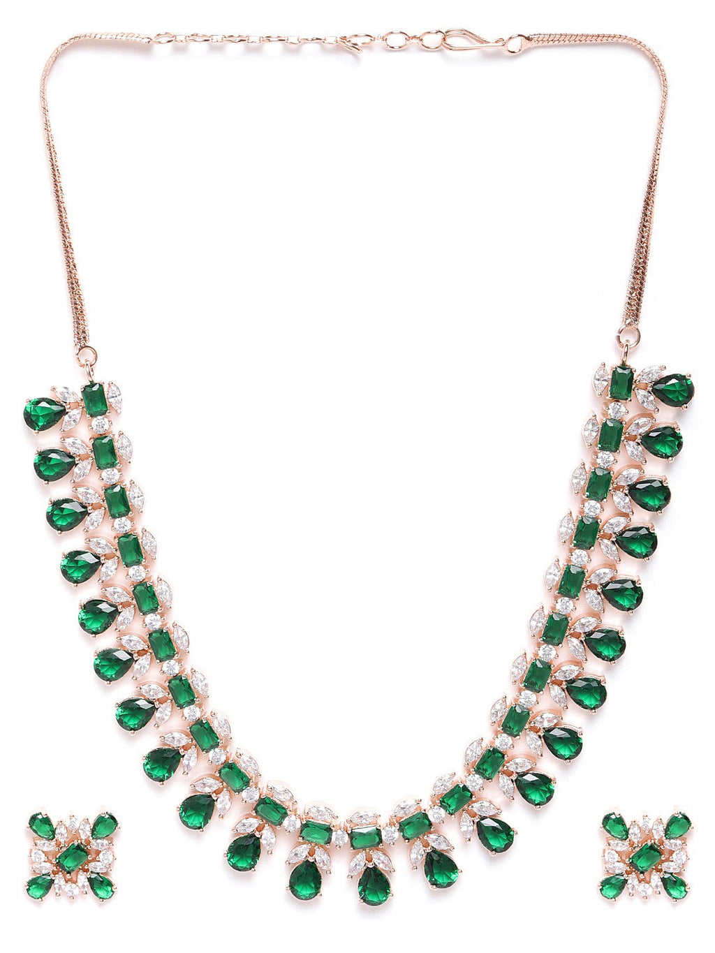 Priyaasi Women Emerald American Diamond Rose Gold-Polished Floral Jewellery Set - Swadesiicart