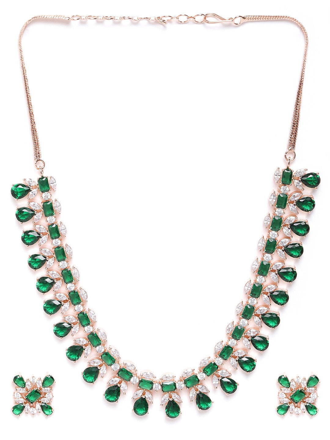 Priyaasi Women Emerald American Diamond Rose Gold-Polished Floral Jewellery Set - Swadesiicart