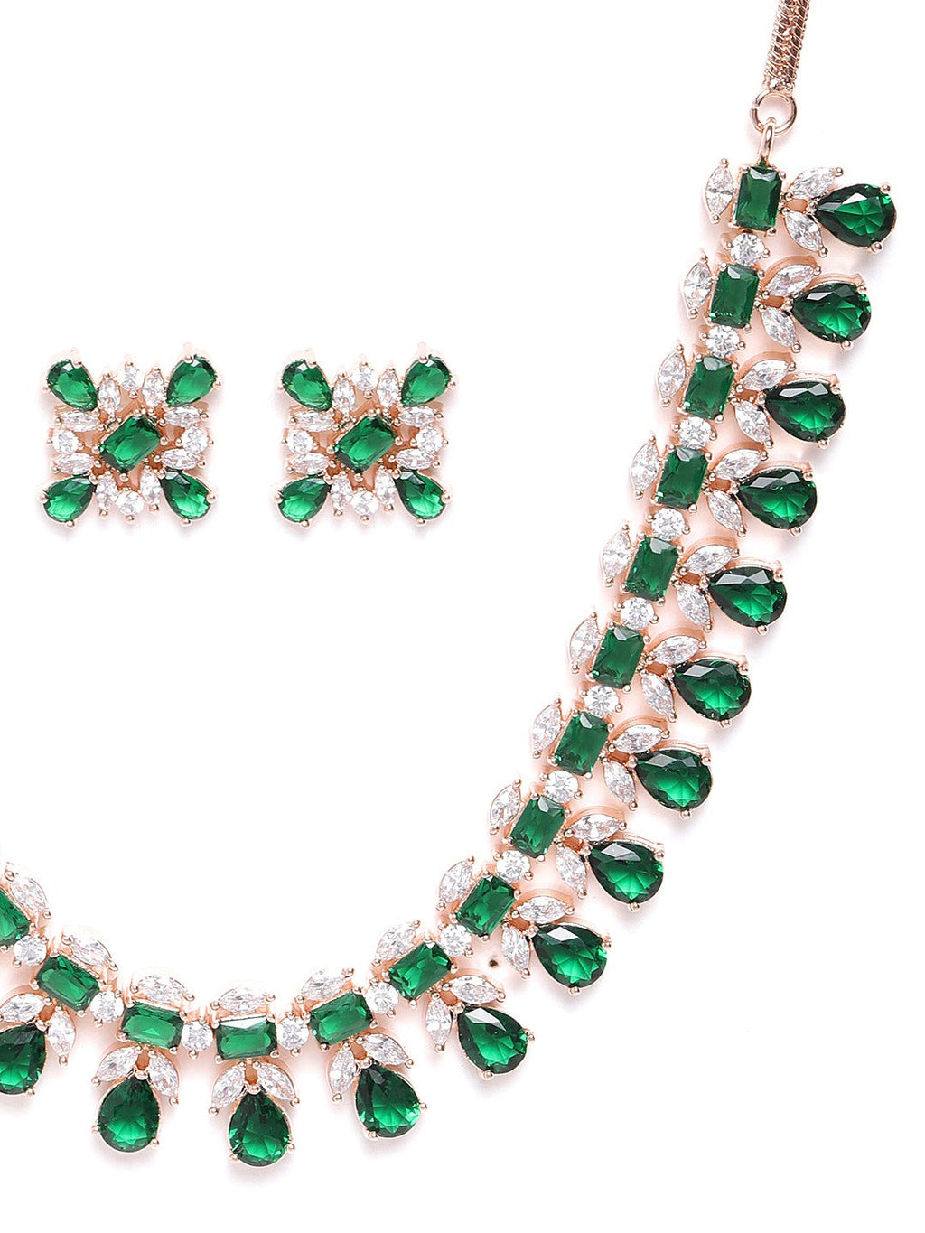 Priyaasi Women Emerald American Diamond Rose Gold-Polished Floral Jewellery Set - Swadesiicart