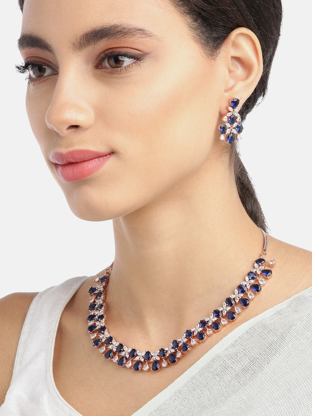 Priyaasi Women Blue American Diamond Rose Gold-Polished Floral Jewellery Set - Swadesiicart