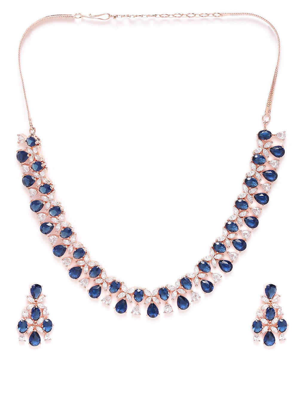 Priyaasi Women Blue American Diamond Rose Gold-Polished Floral Jewellery Set - Swadesiicart