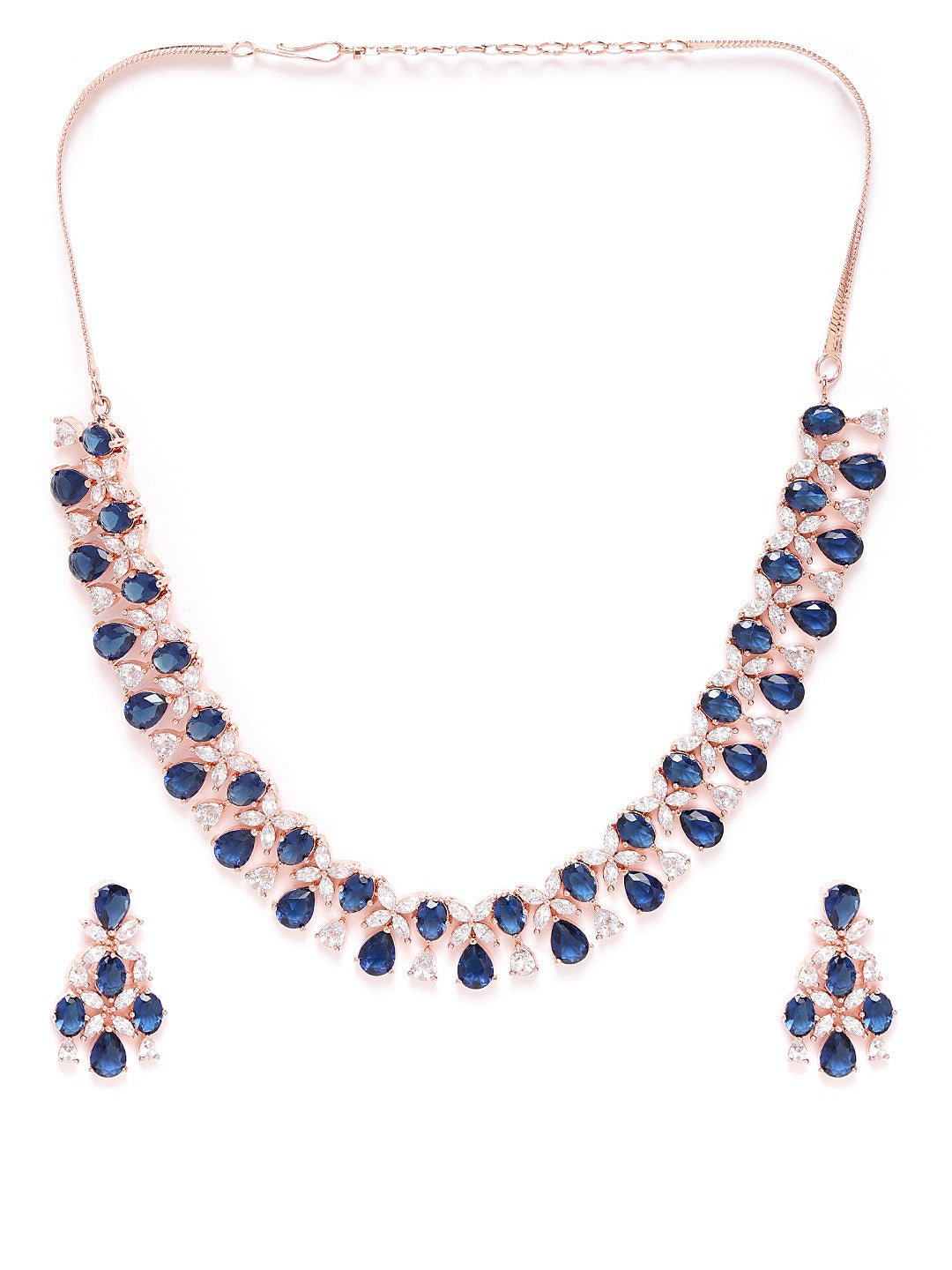 Priyaasi Women Blue American Diamond Rose Gold-Polished Floral Jewellery Set - Swadesiicart