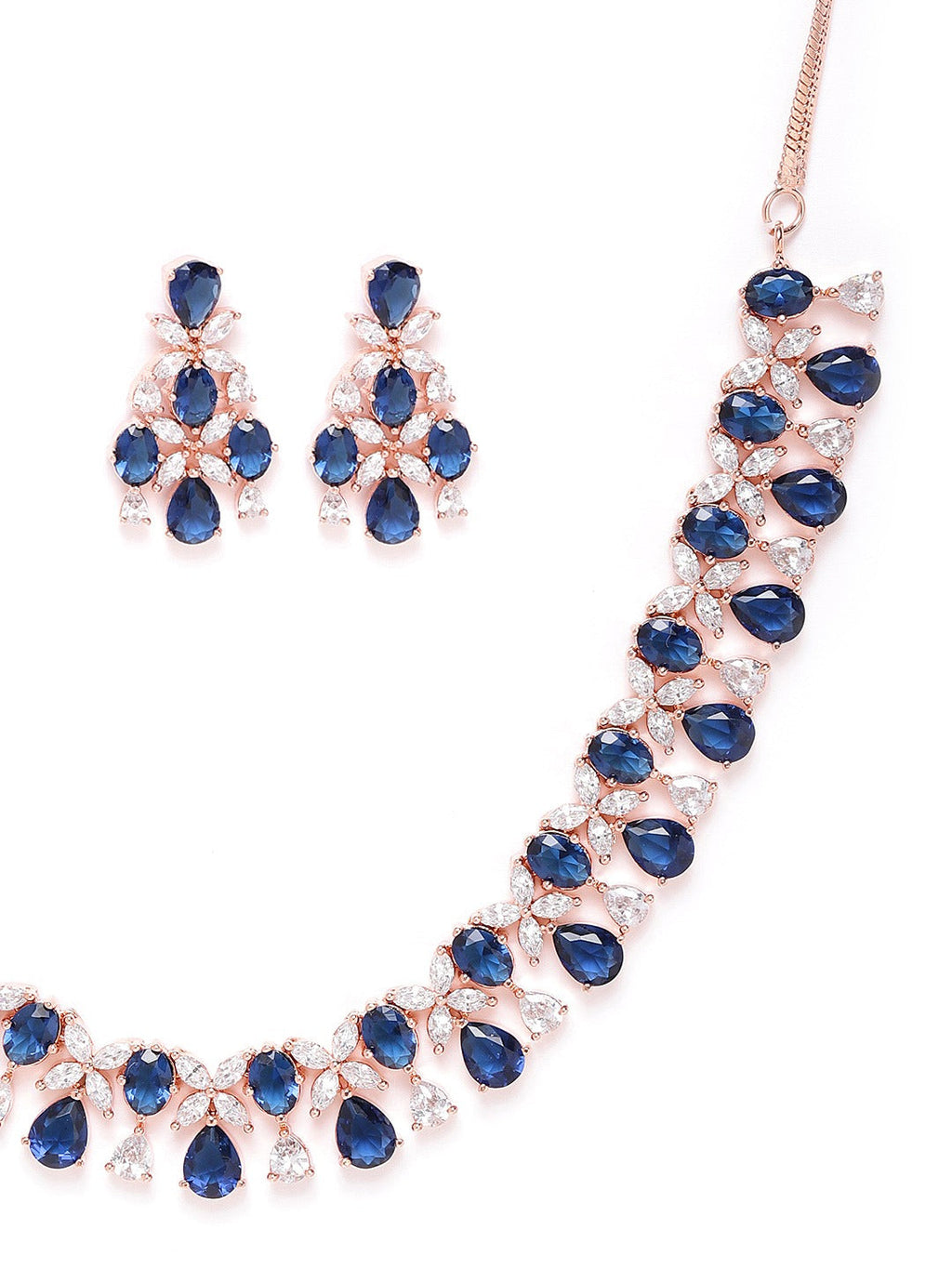 Priyaasi Women Blue American Diamond Rose Gold-Polished Floral Jewellery Set - Swadesiicart