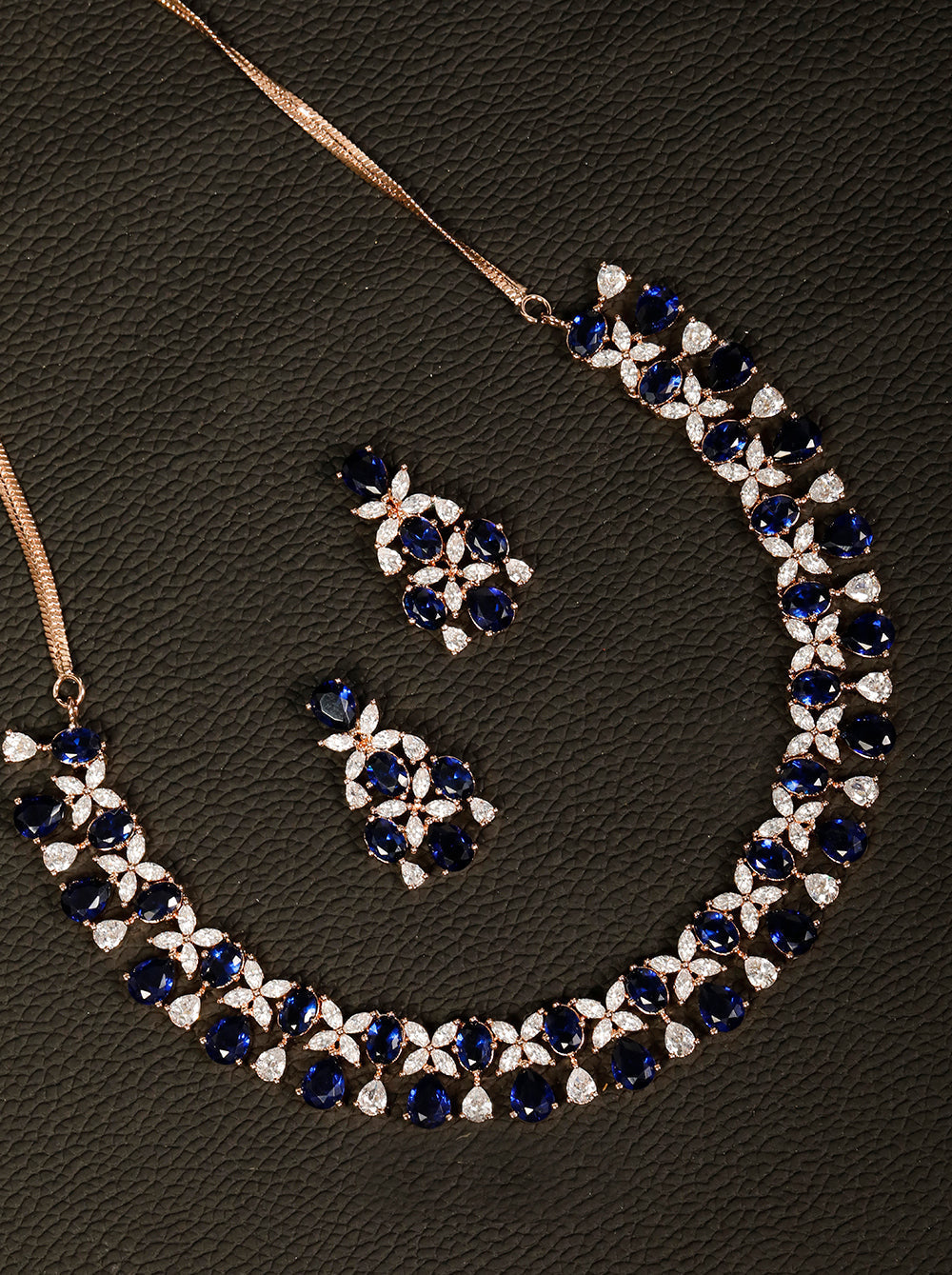 Priyaasi Women Blue American Diamond Rose Gold-Polished Floral Jewellery Set - Noz2Toz