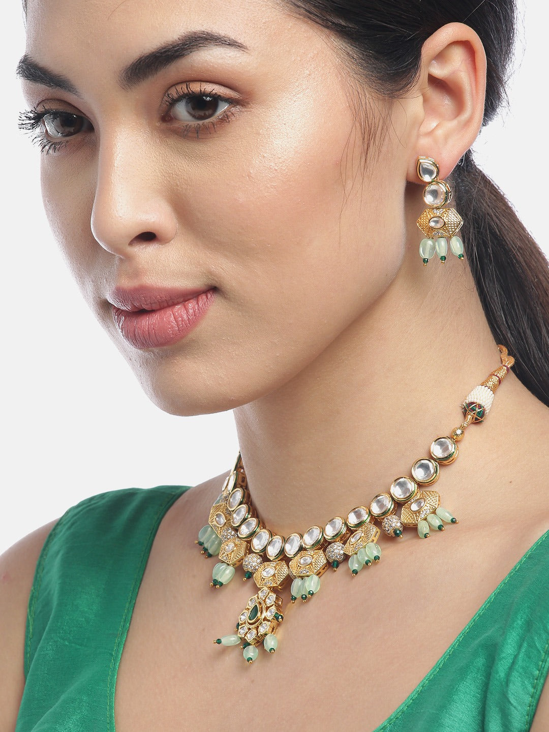 Priyaasi Women Mint Green Pearls Kundan Gold-Polished Jewellery Set - Swadesiicart