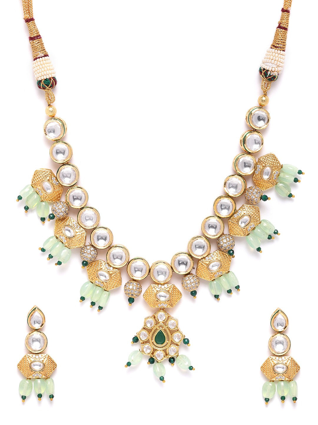 Priyaasi Women Mint Green Pearls Kundan Gold-Polished Jewellery Set - Swadesiicart