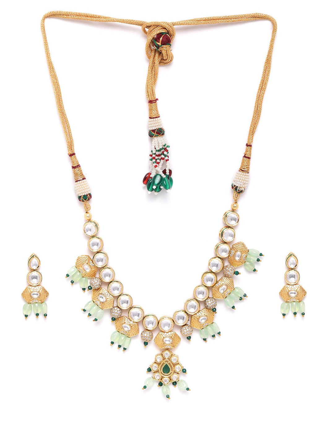 Priyaasi Women Mint Green Pearls Kundan Gold-Polished Jewellery Set - Swadesiicart