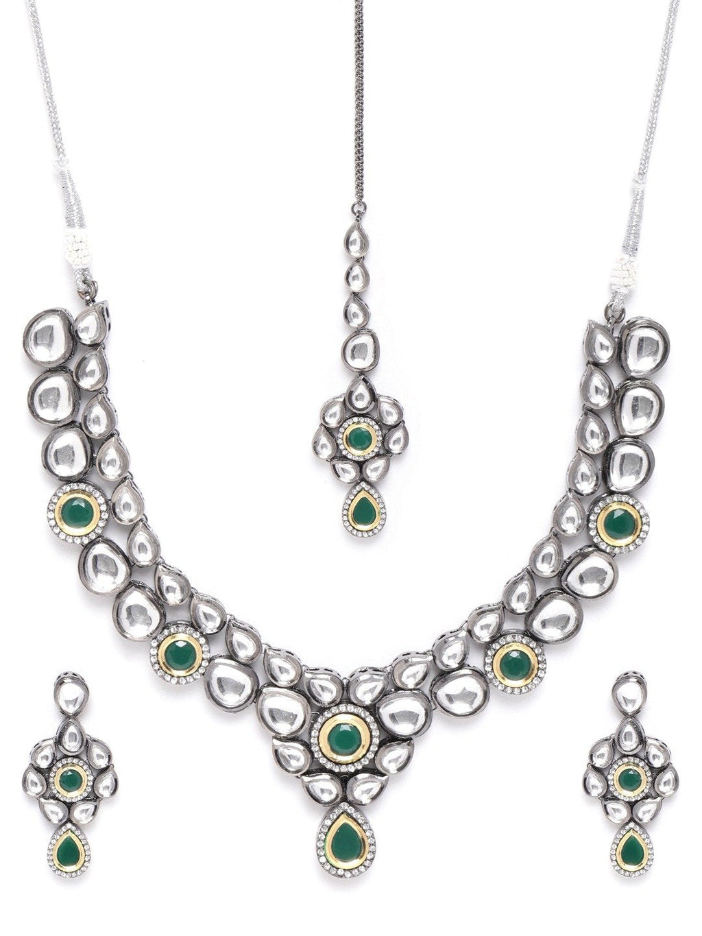 Priyaasi Women Black Kundan Emerald Stones Jewellery Set - Swadesiicart