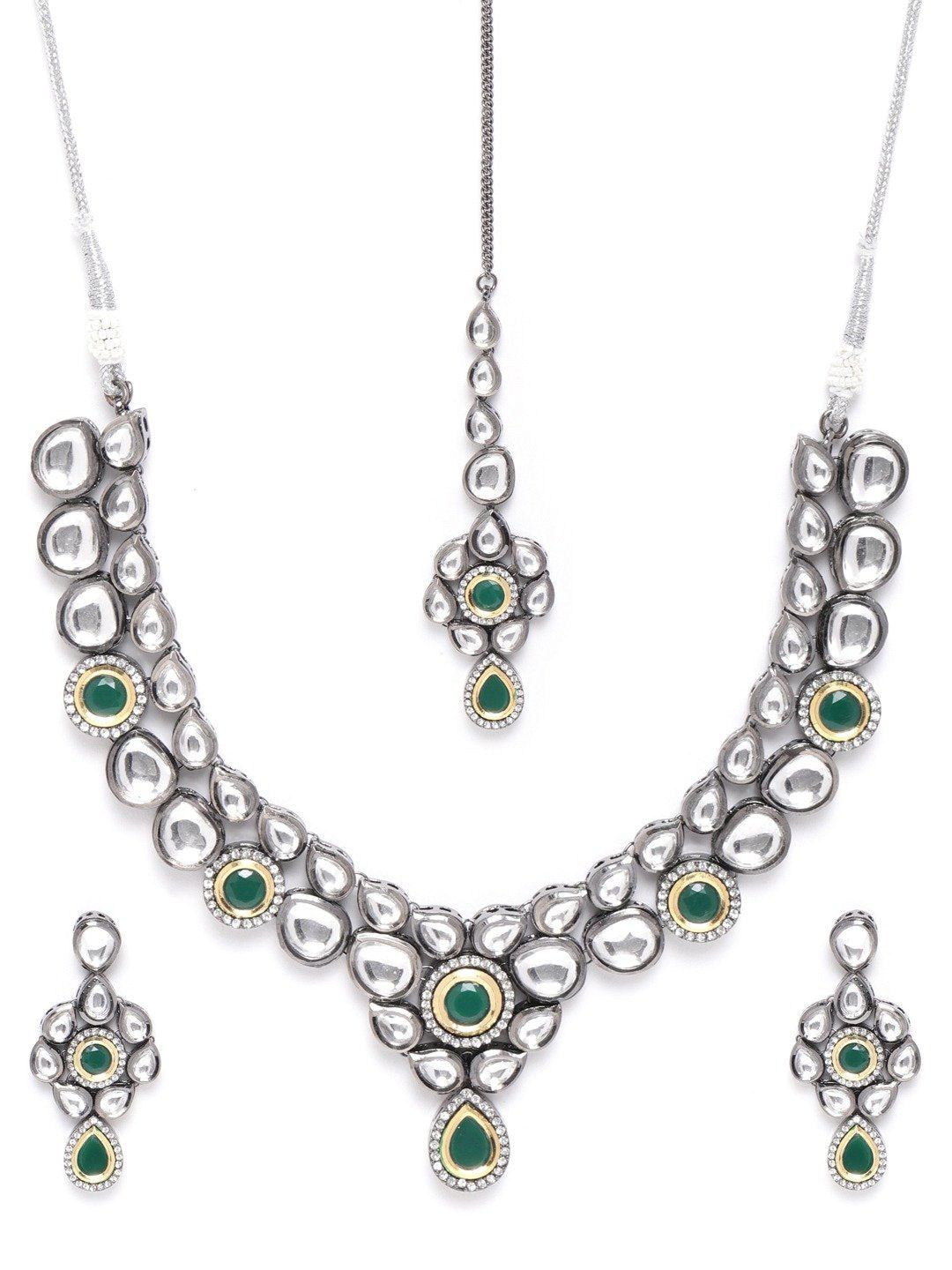 Priyaasi Women Black Kundan Emerald Stones Jewellery Set - Swadesiicart