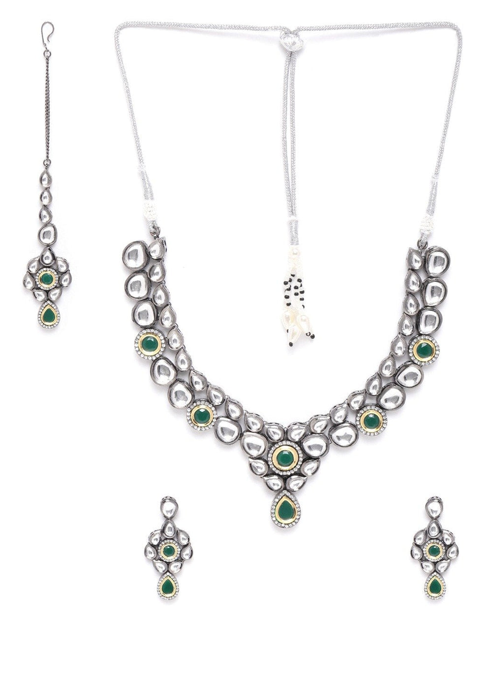 Priyaasi Women Black Kundan Emerald Stones Jewellery Set - Swadesiicart