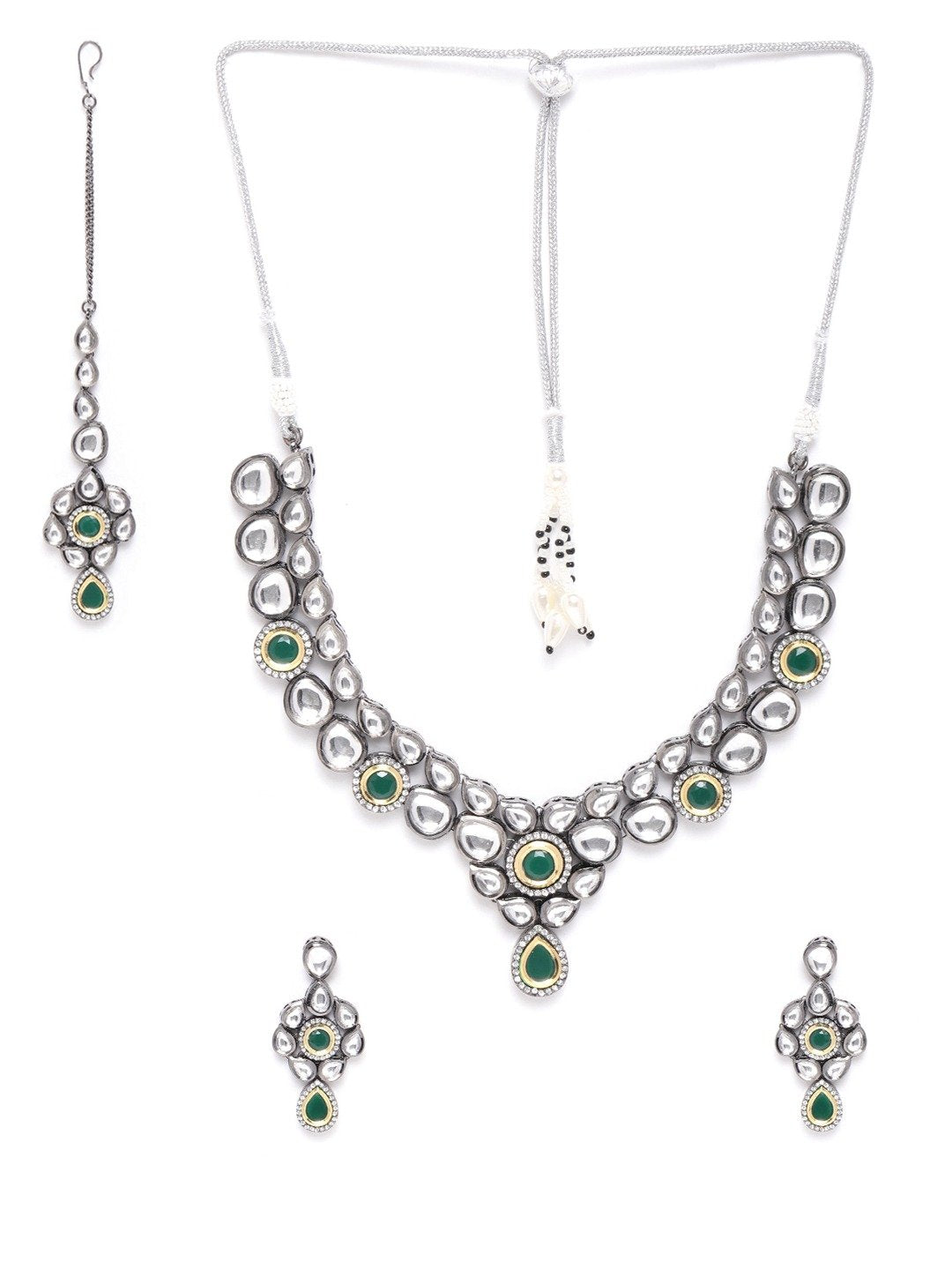 Priyaasi Women Black Kundan Emerald Stones Jewellery Set - Swadesiicart