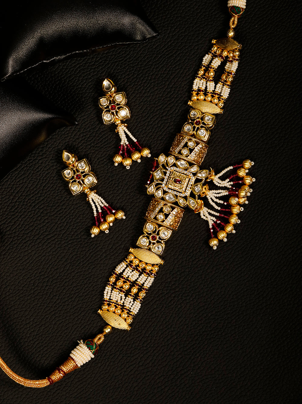 Priyaasi Women Red White Beads Kundan Gold-Polished Jewellery Set - Noz2Toz
