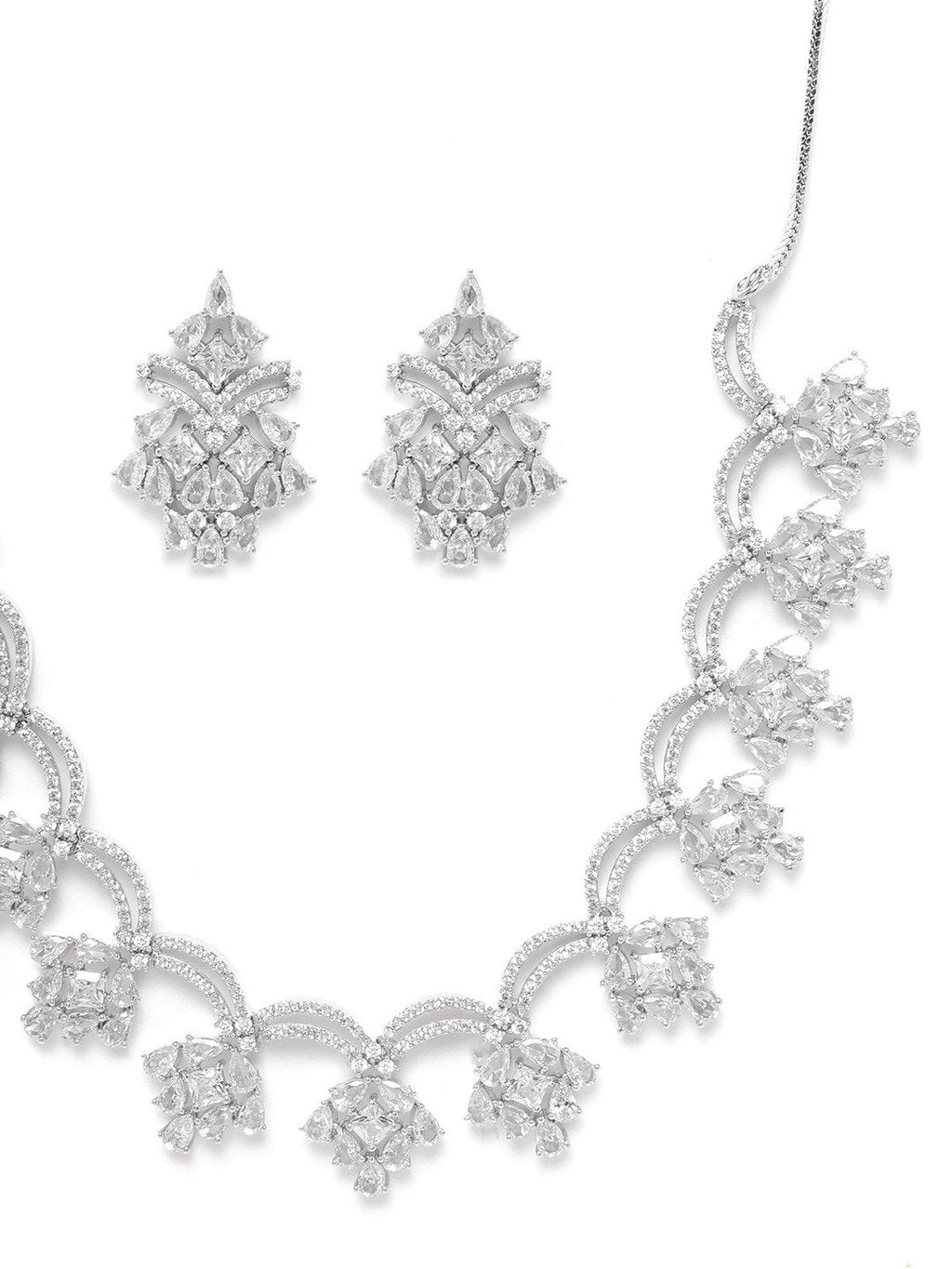 Priyaasi Women American Diamond Silver Plated Floral Jewellery Set - Swadesiicart