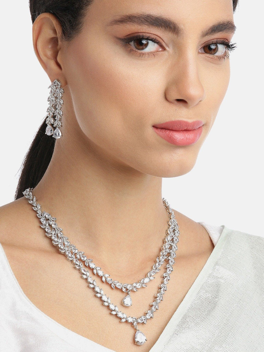 Priyaasi Women Eternal Moondust - American Diamond Silver Plated Leaf Layered Jewellery Set - Swadesiicart