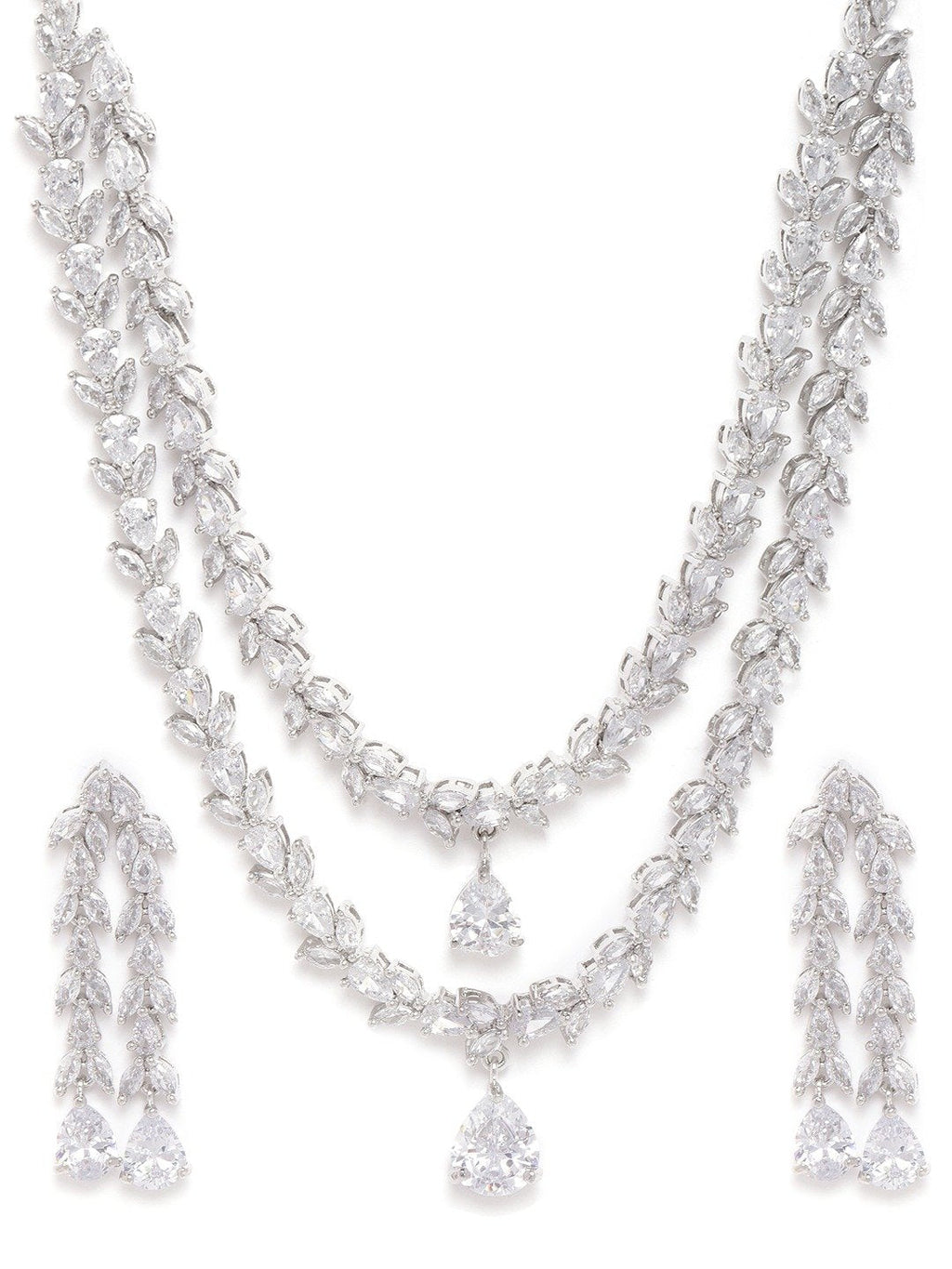 Priyaasi Women Eternal Moondust - American Diamond Silver Plated Leaf Layered Jewellery Set - Swadesiicart