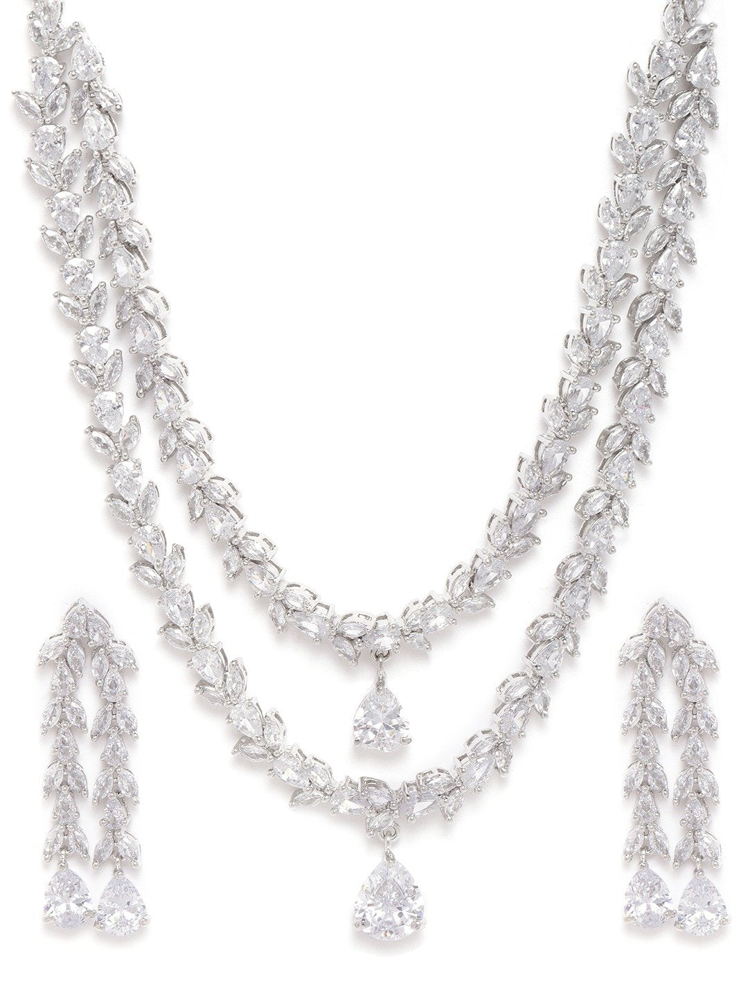 Priyaasi Women Eternal Moondust - American Diamond Silver Plated Leaf Layered Jewellery Set - Swadesiicart