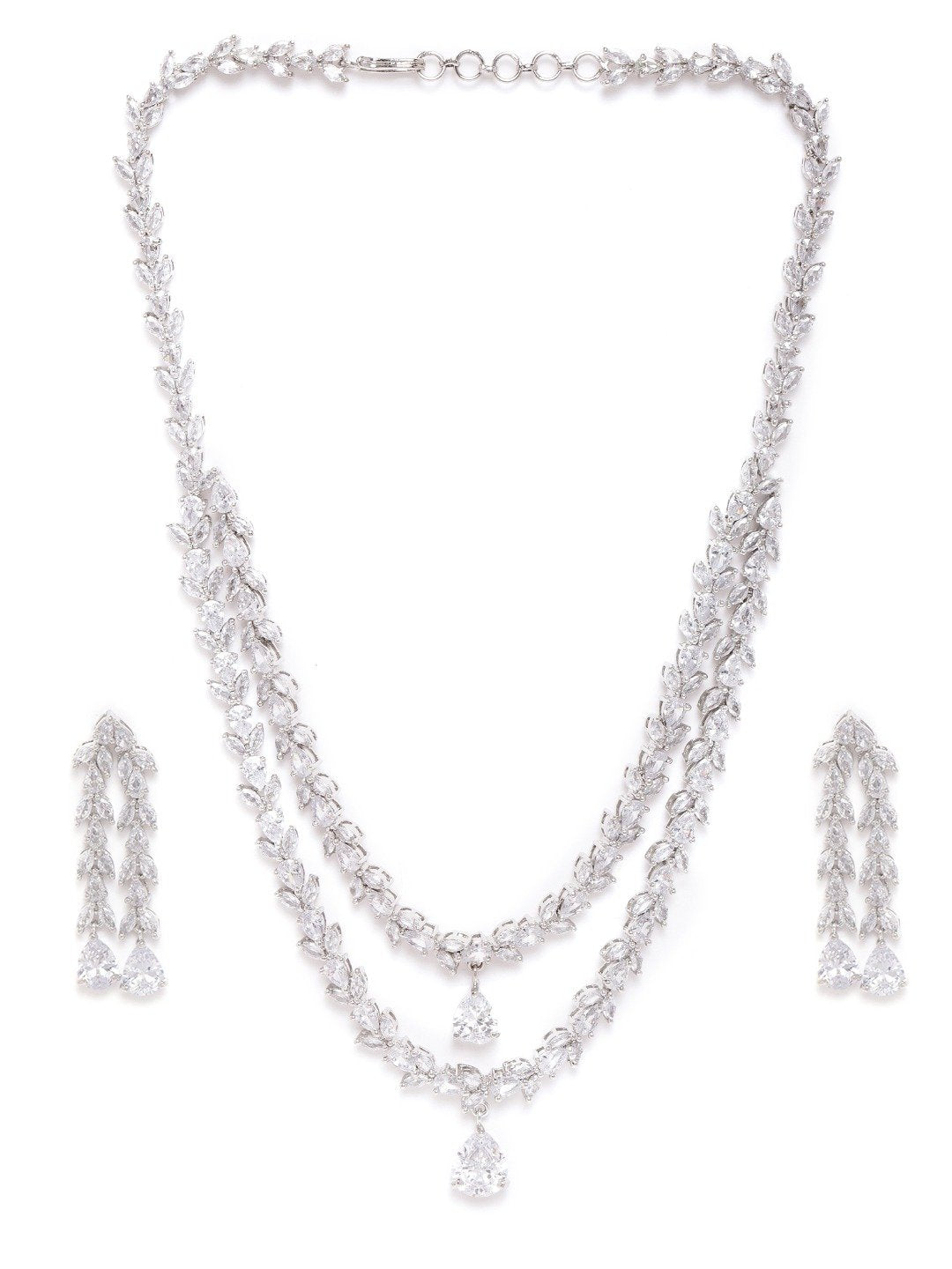 Priyaasi Women Eternal Moondust - American Diamond Silver Plated Leaf Layered Jewellery Set - Swadesiicart