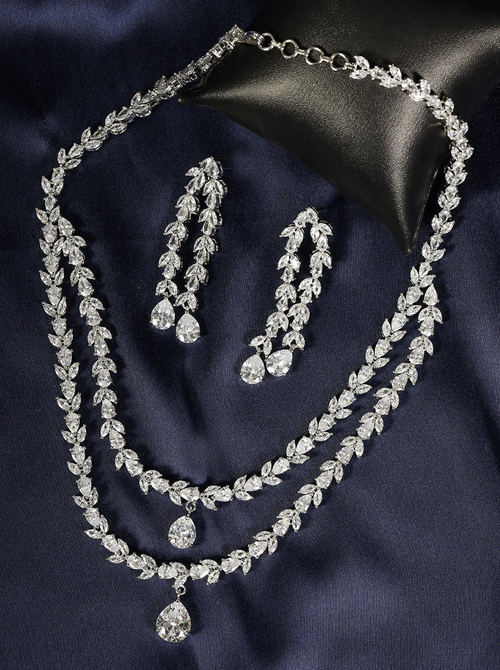 Priyaasi Women Eternal Moondust - American Diamond Silver Plated Leaf Layered Jewellery Set - Swadesiicart