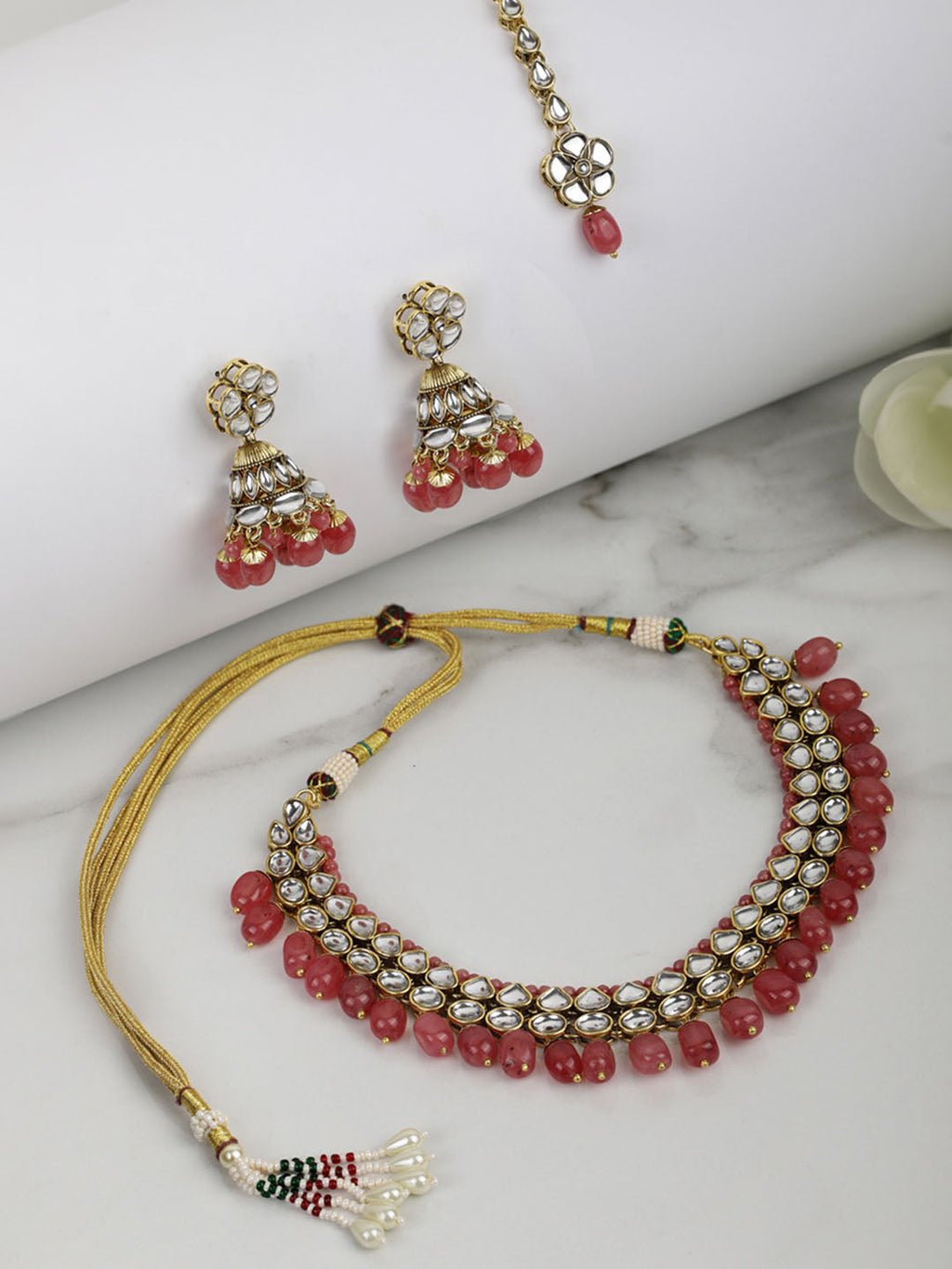 Priyaasi Women Pink Beads Ruby Kundan Gold-Polished Traditional MaangTika Jewellery Set - Noz2Toz