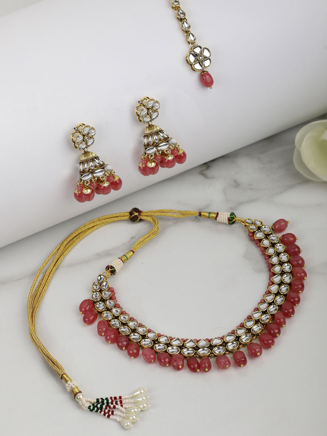 Priyaasi Women Pink Beads Ruby Kundan Gold-Polished Traditional MaangTika Jewellery Set - Noz2Toz